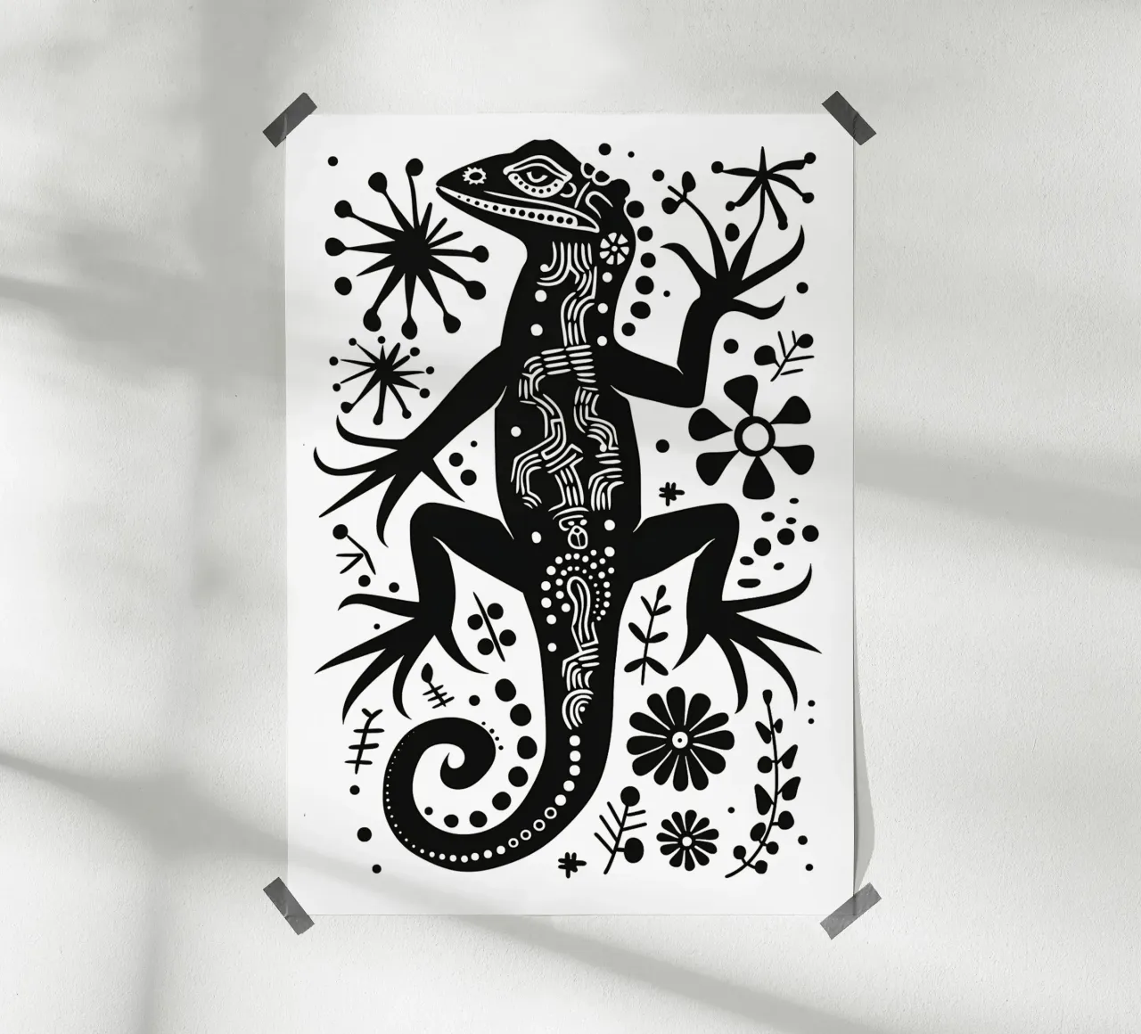 Mandala Lizard Tribal Art in bianco e nero poster con telaio in plastica da Autofocus