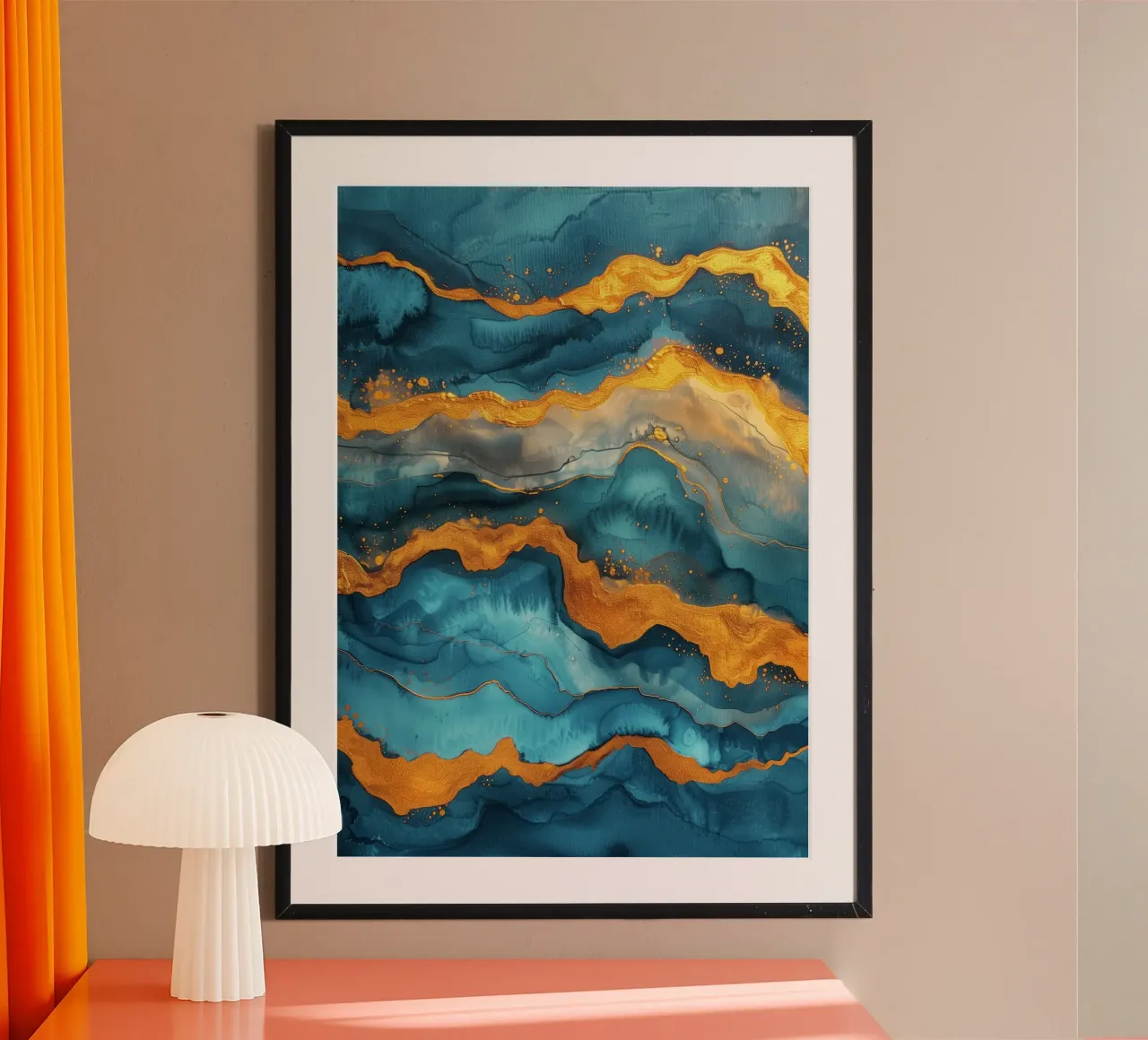 Astrazione di marmo arancione e blu poster con telaio in legno da Justyna Jaszke JBJart
