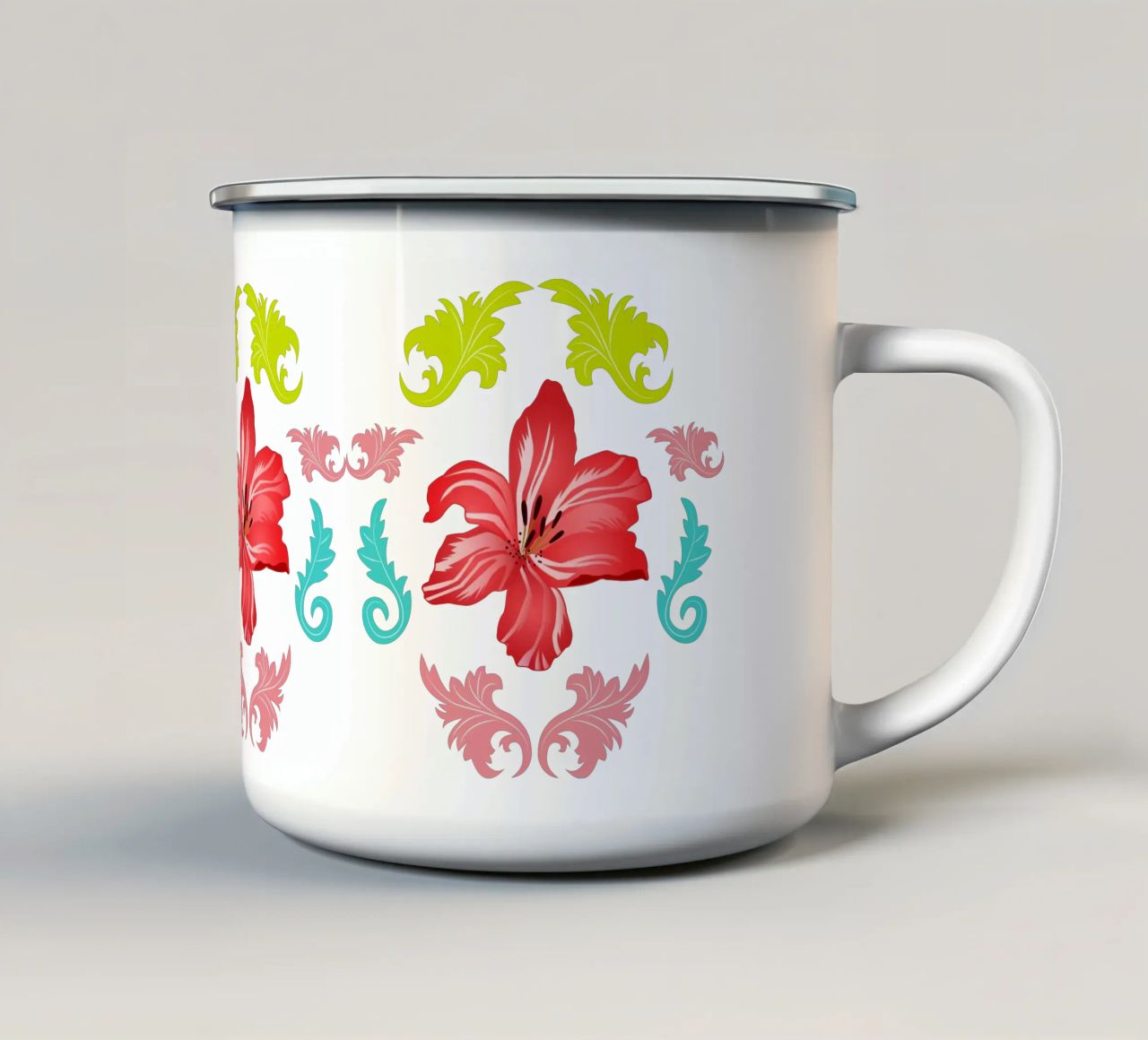 Lilies modern on turquoise. Playful, decorative pattern. enamel mug by CalliLetters