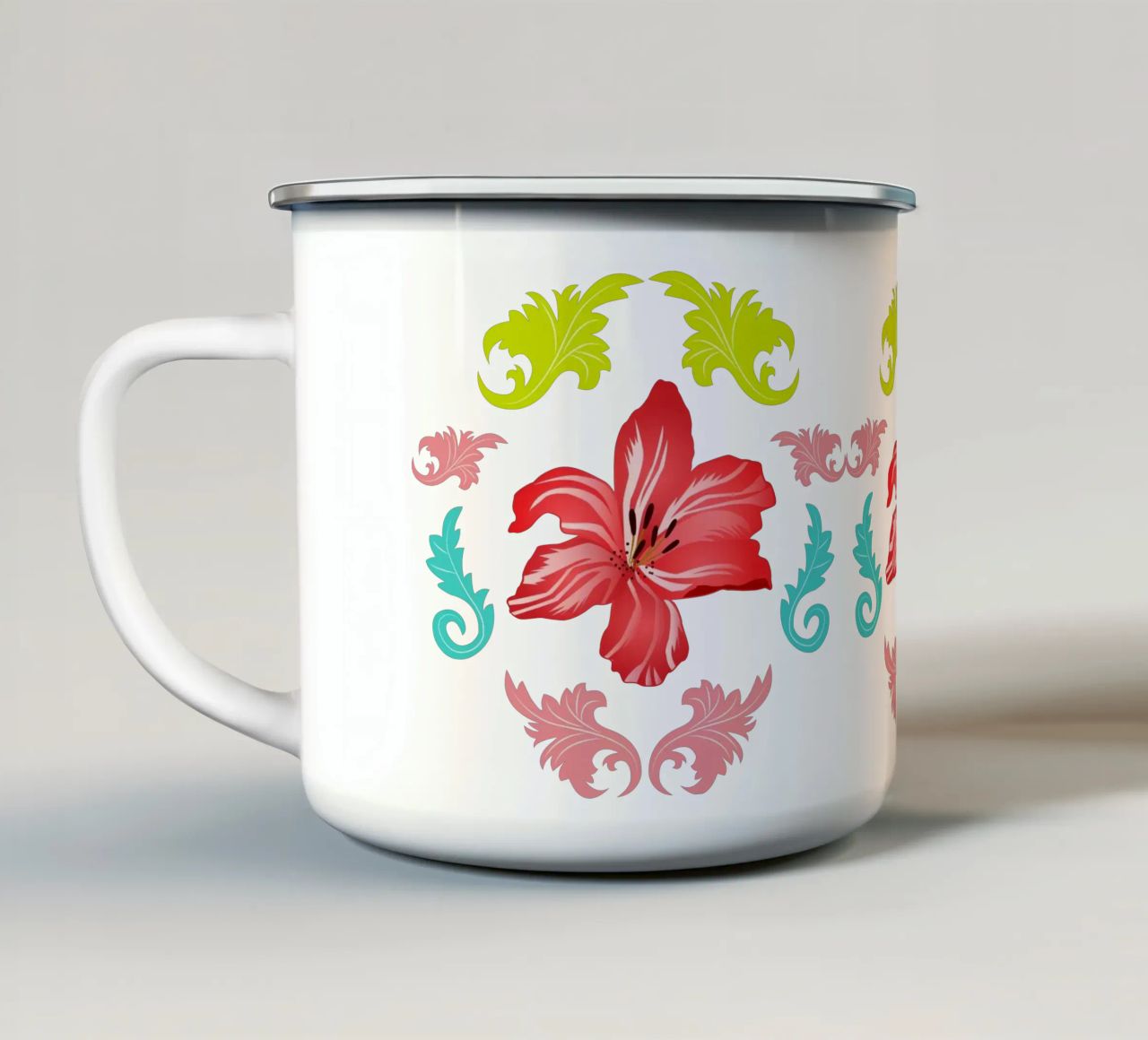 Lilies modern on turquoise. Playful, decorative pattern. enamel mug by CalliLetters