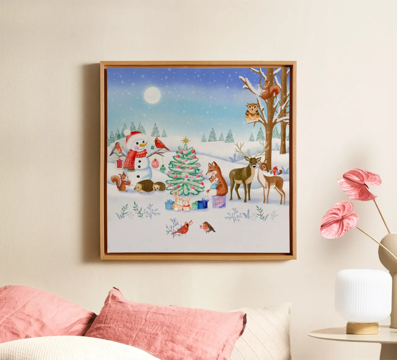 Kerstwintersprookje met sneeuwpop en bosdieren canvas met Baklijst van CalliLetters