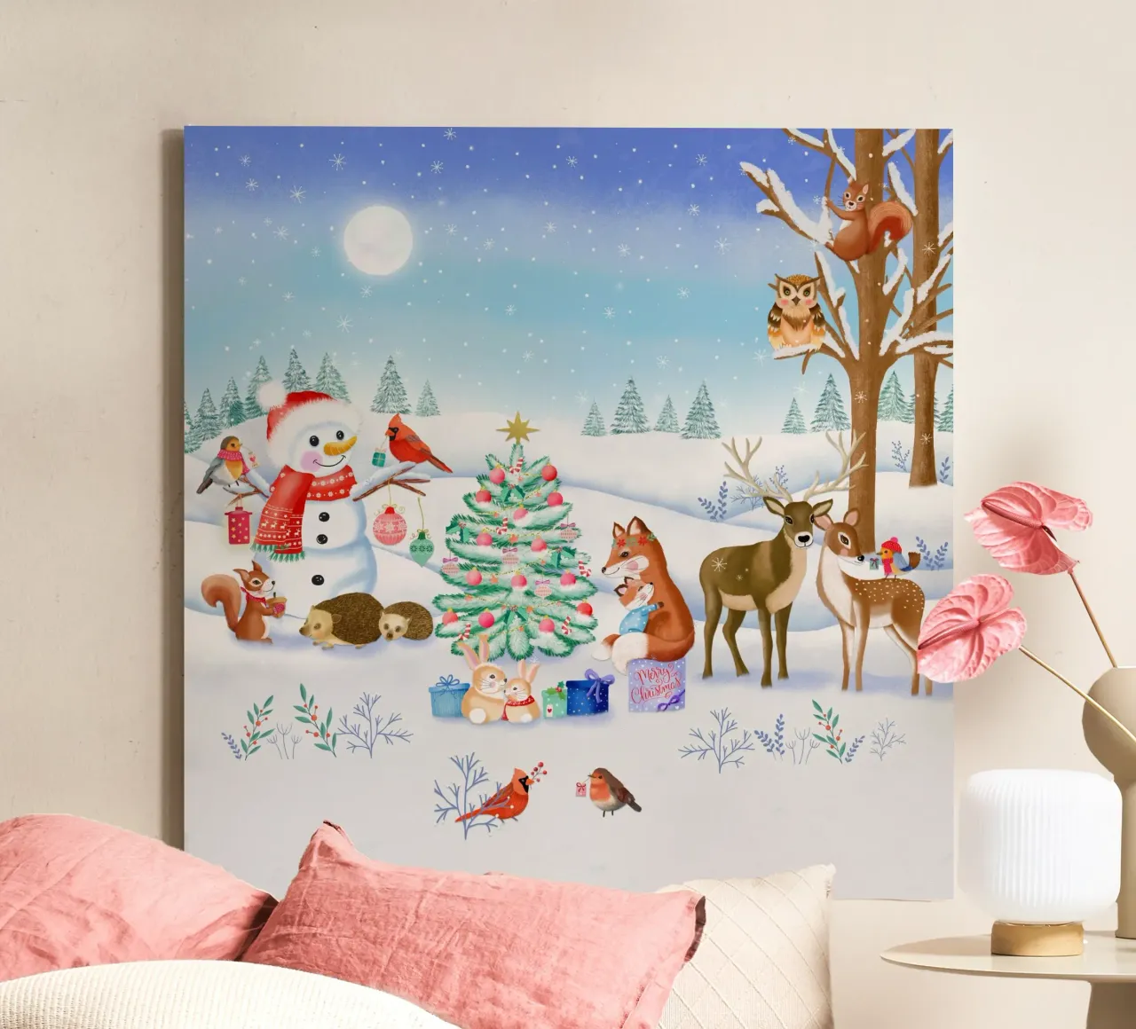 Kerstwintersprookje met sneeuwpop en bosdieren canvas met Baklijst van CalliLetters