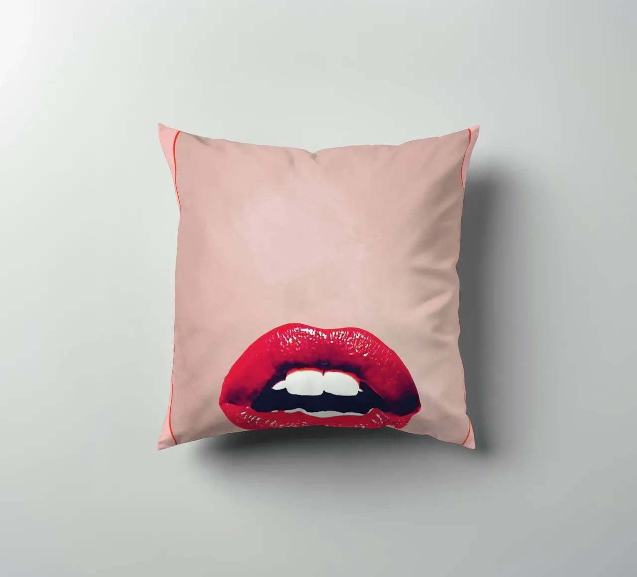 Red Lips Pink Pastel Art decorative cushion by Honeymoon Hotel