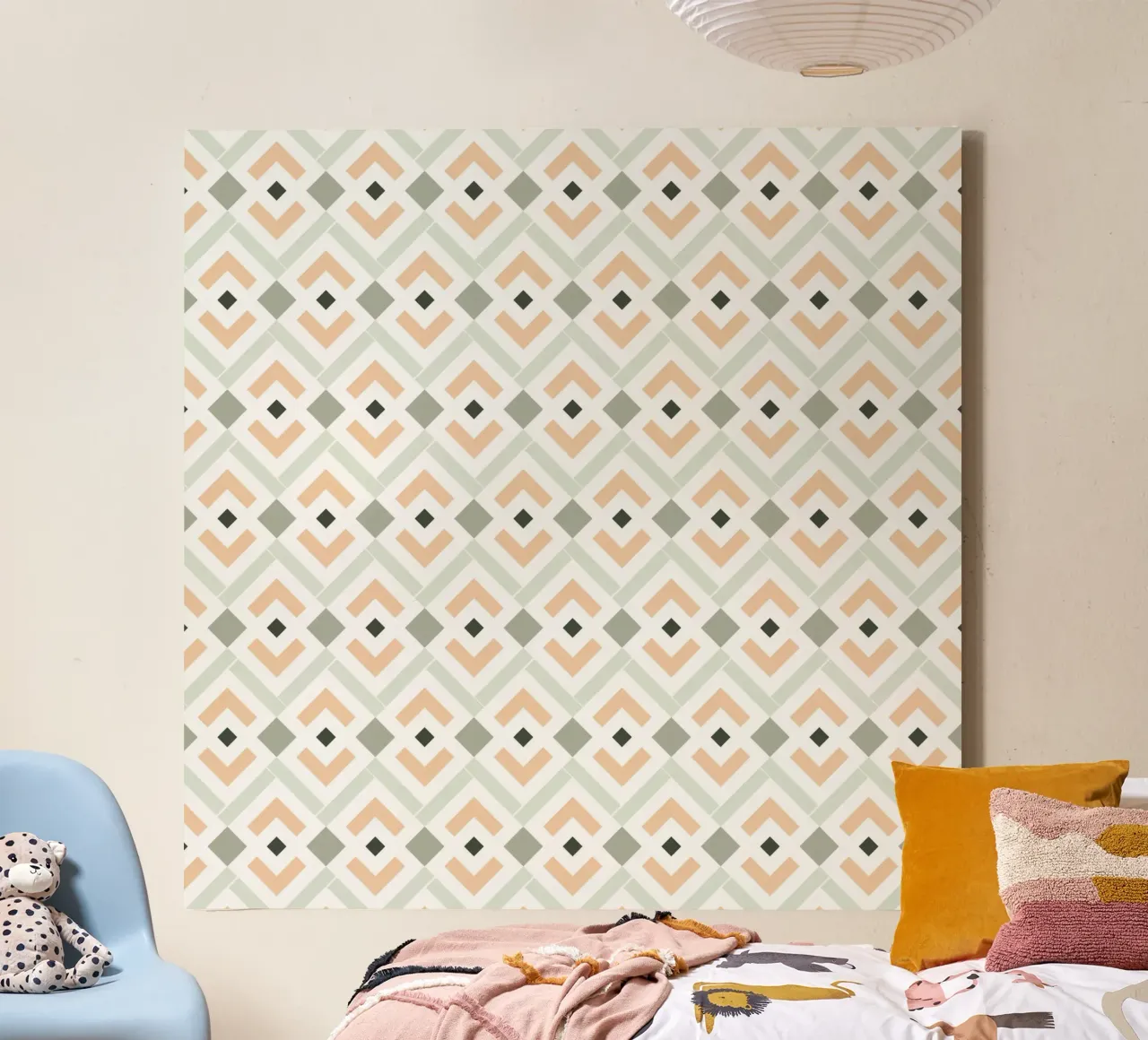 Coral and Teal Aztec Geometric Pattern canvas with Floater frame by amini54