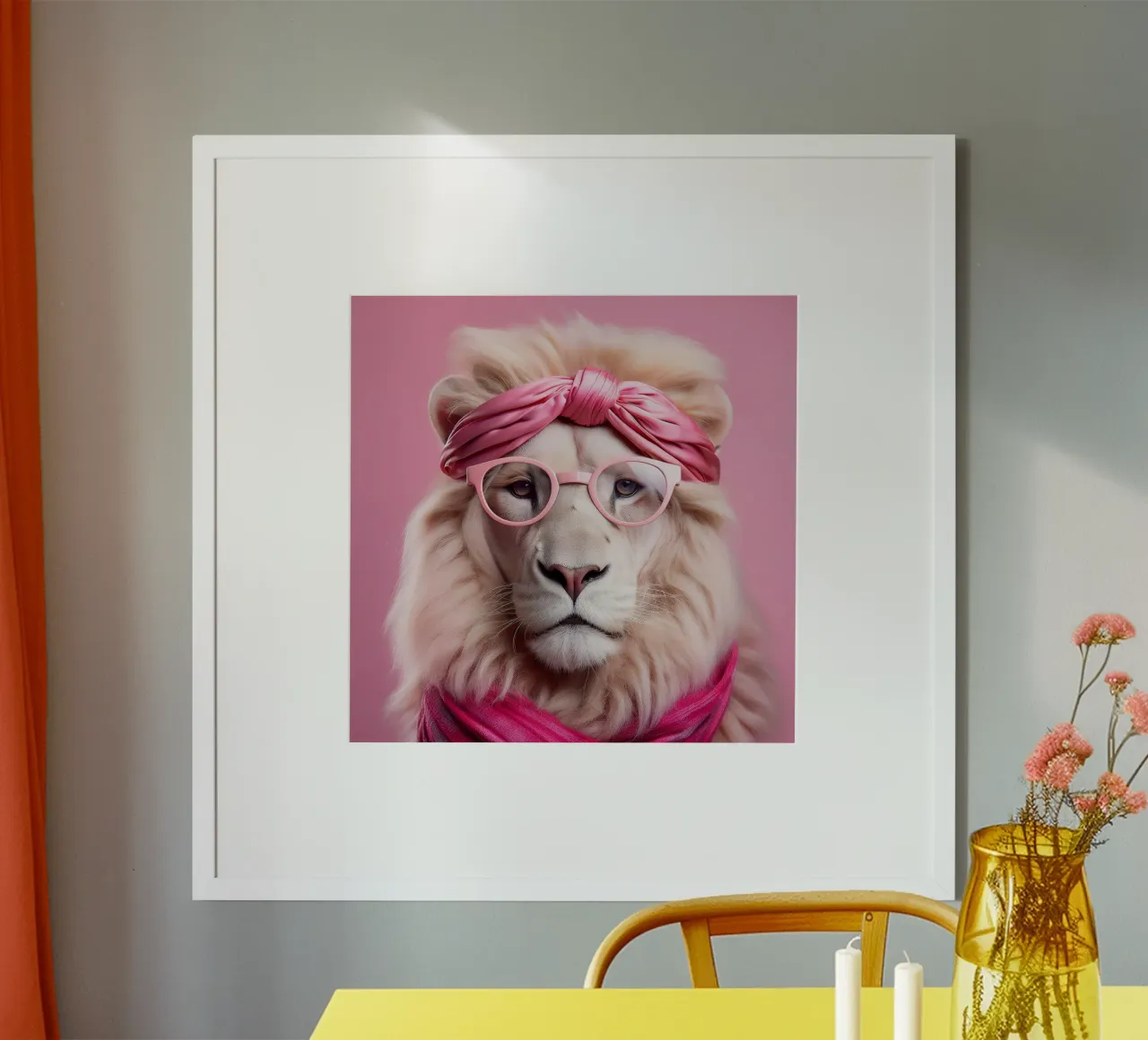 Chic Pink Lion – Whimsical Animal Portrait with Glasses poster con telaio in alluminio da FlexiDesignsByK