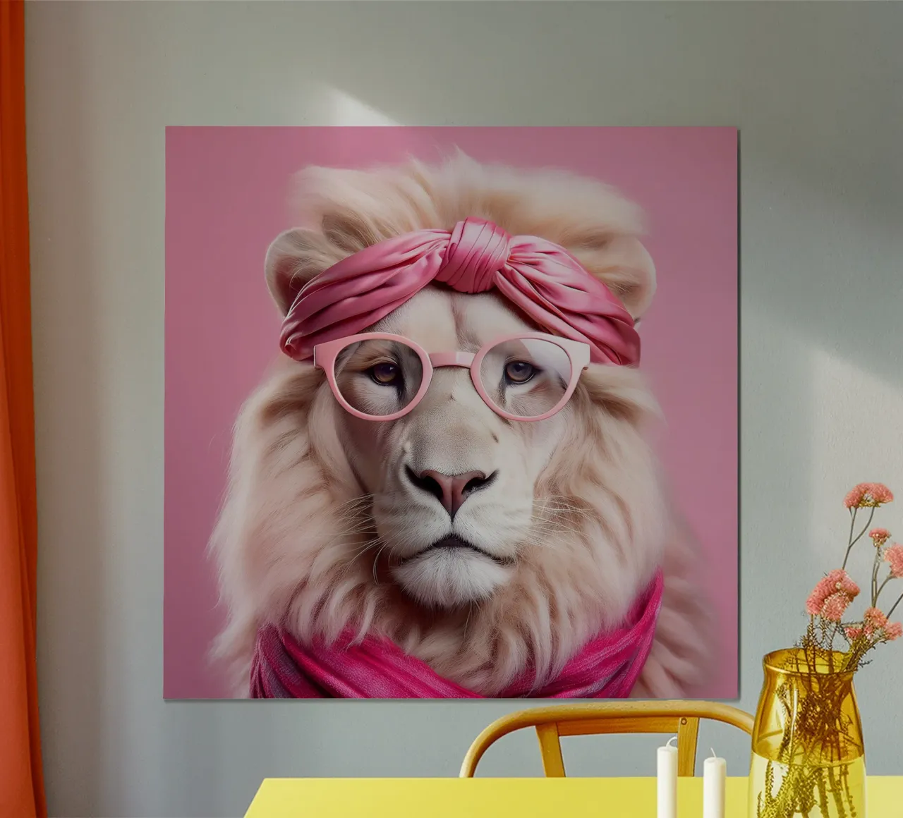 Chic Pink Lion – Whimsical Animal Portrait with Glasses poster con telaio in alluminio da FlexiDesignsByK
