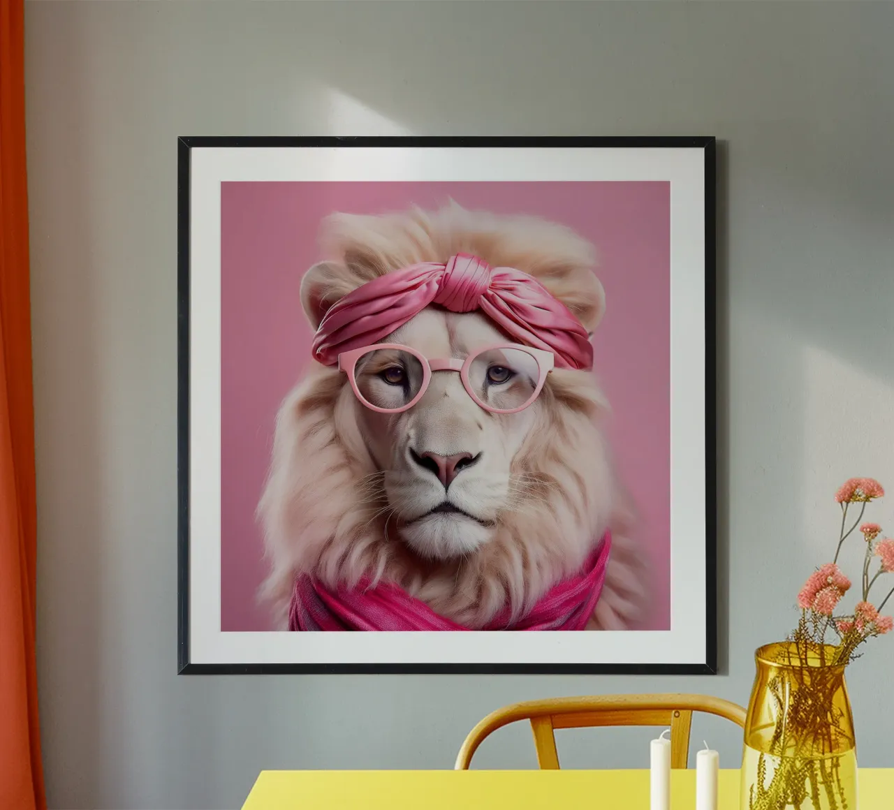Chic Pink Lion – Whimsical Animal Portrait with Glasses poster con telaio in alluminio da FlexiDesignsByK