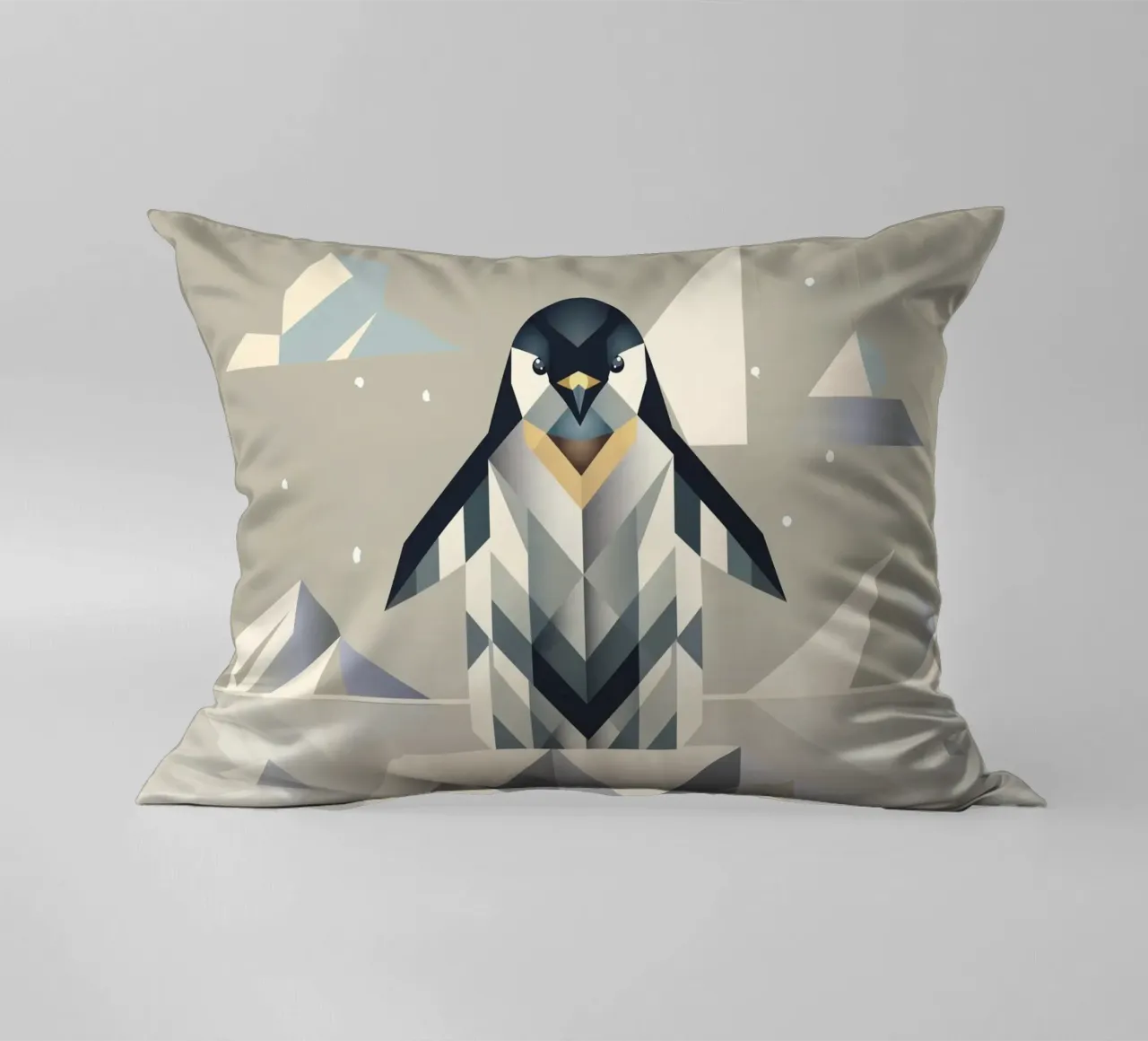Elegant penguin in geometric ice landscape decorative cushion by namosh
