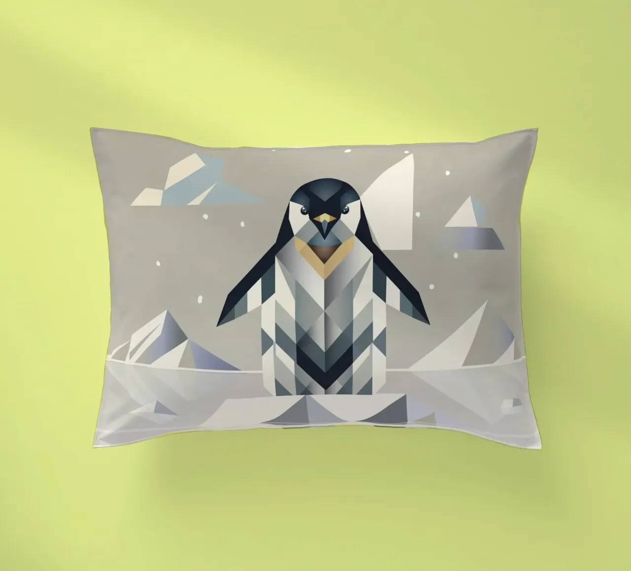 Elegant penguin in geometric ice landscape decorative cushion by namosh