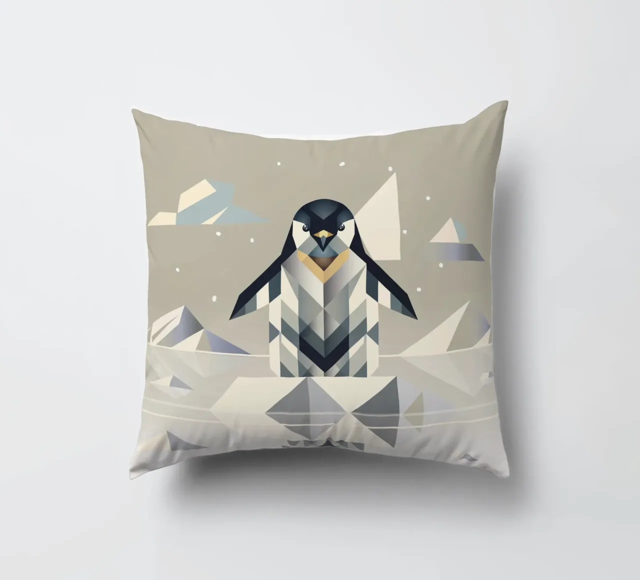 Elegant penguin in geometric ice landscape decorative cushion by namosh