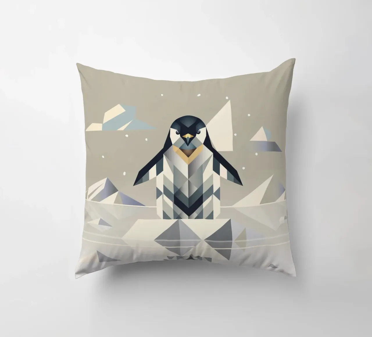 Elegant penguin in geometric ice landscape decorative cushion by namosh