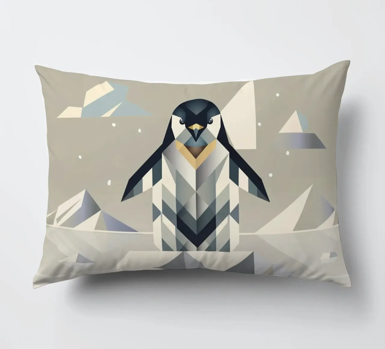 Elegant penguin in geometric ice landscape decorative cushion by namosh
