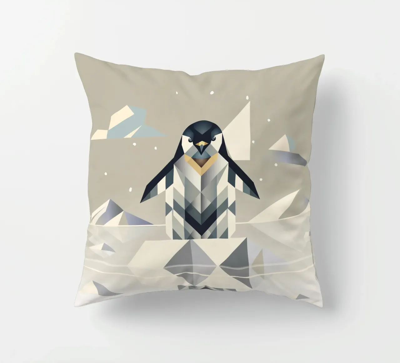 Elegant penguin in geometric ice landscape decorative cushion by namosh