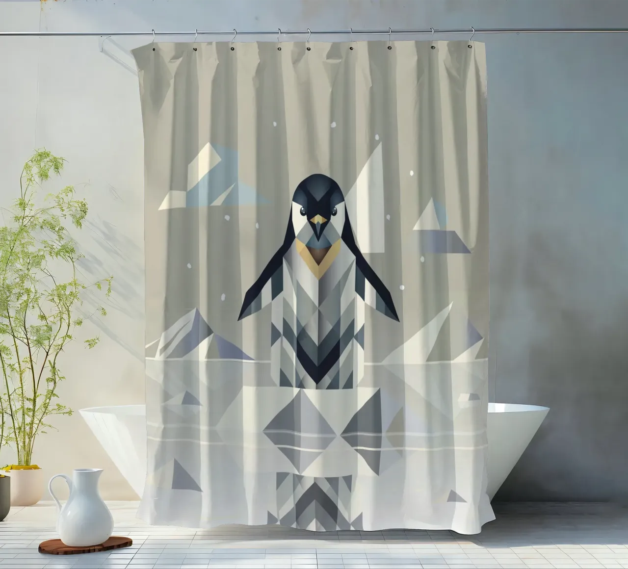 Eleganter Pinguin in geometrischer Eislandschaft Duschvorhang von namosh