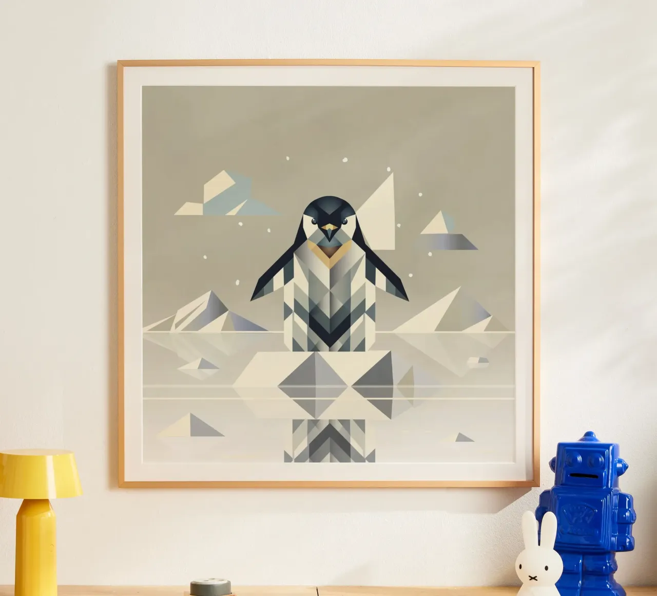 Elegant penguin in geometric ice landscape hahnemühle by namosh