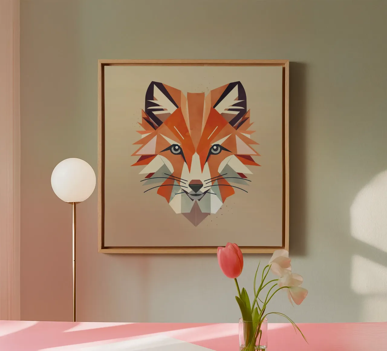 Fascinating geometric fox in warm colours canvas with Floater frame by namosh