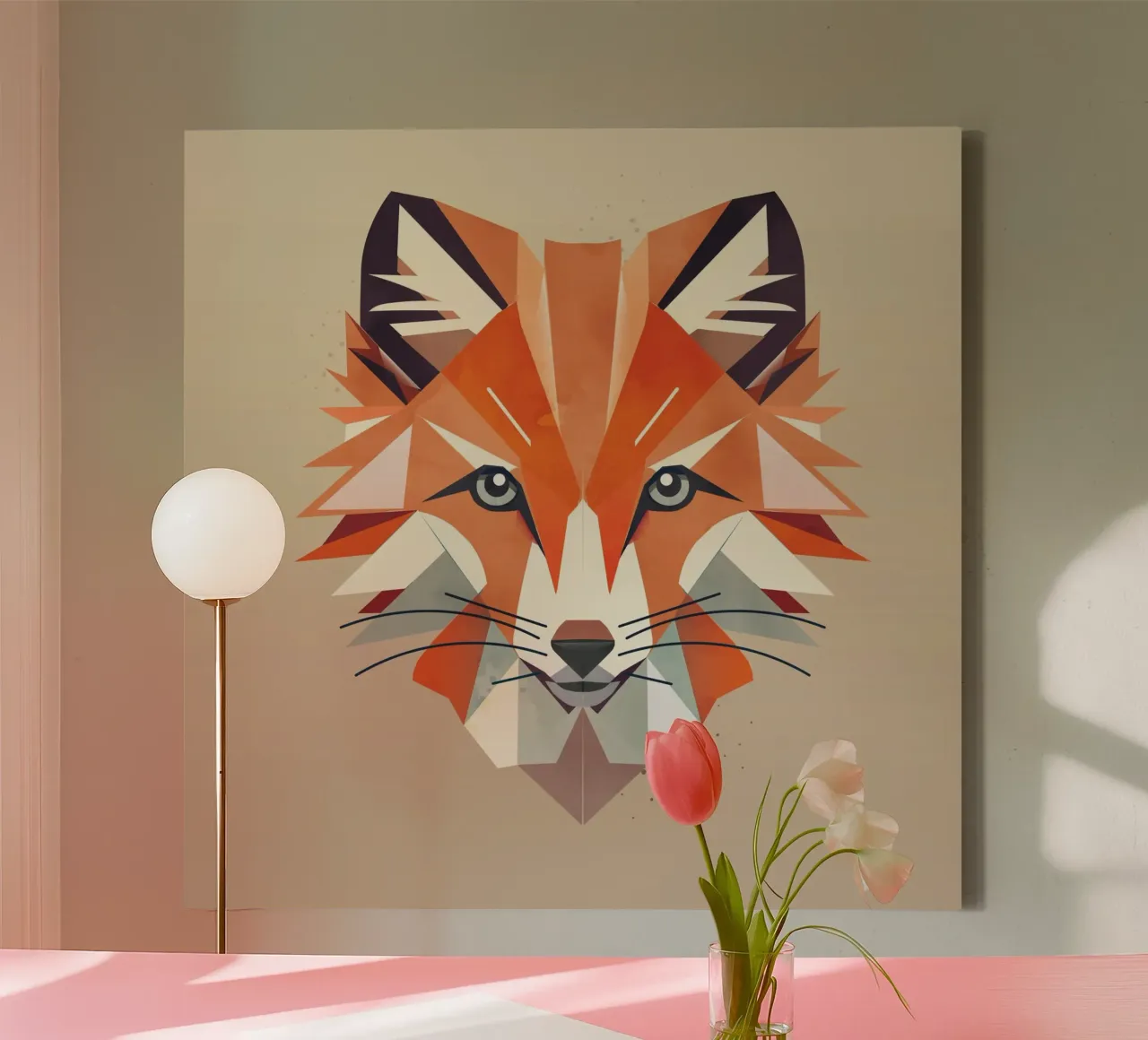 Fascinating geometric fox in warm colours canvas with Floater frame by namosh