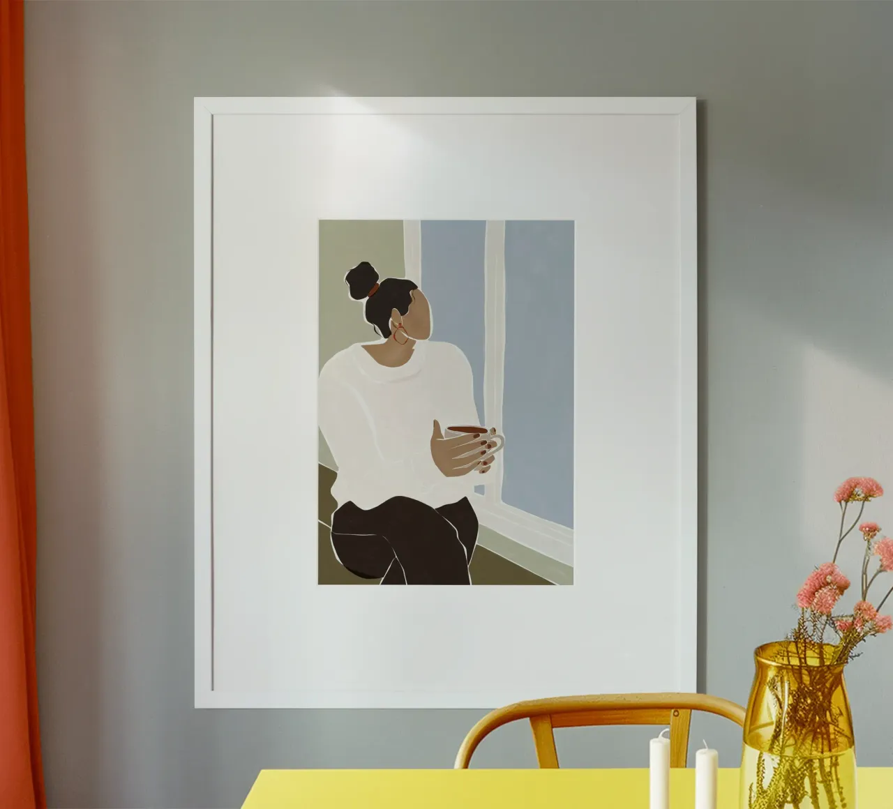 Mujer disfrutando de una taza de té poster con marco de plástico de Ivy Green Illustrations