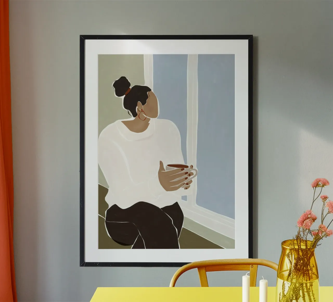 Mujer disfrutando de una taza de té poster con marco de plástico de Ivy Green Illustrations