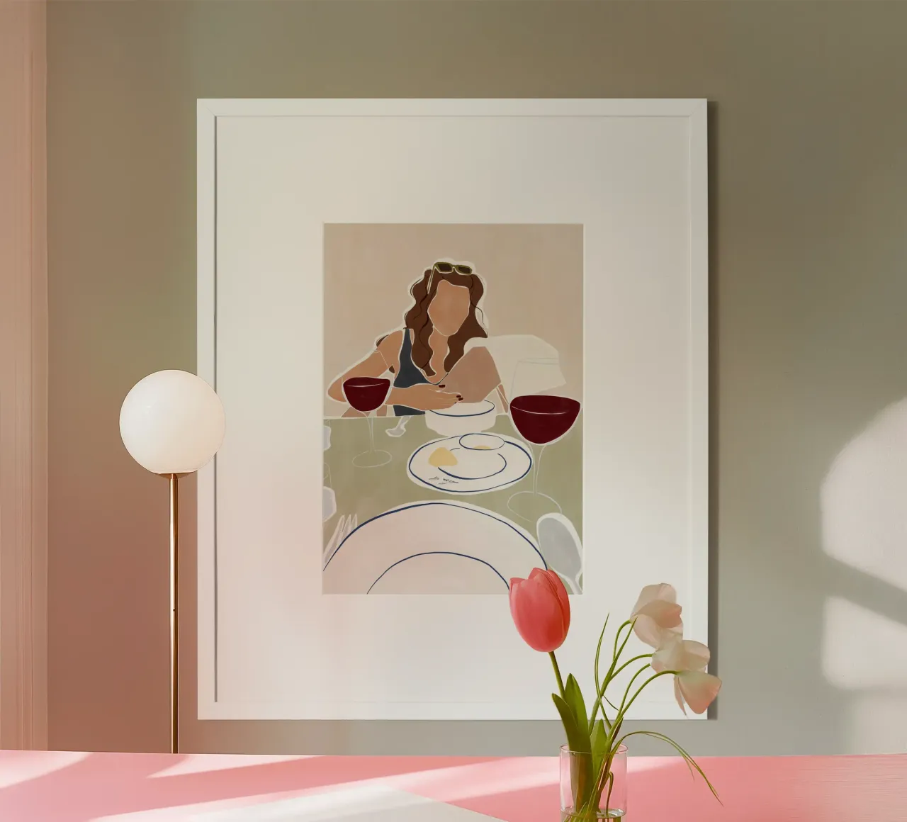 Donna che pranza in un ristorante poster con telaio in legno da Ivy Green Illustrations