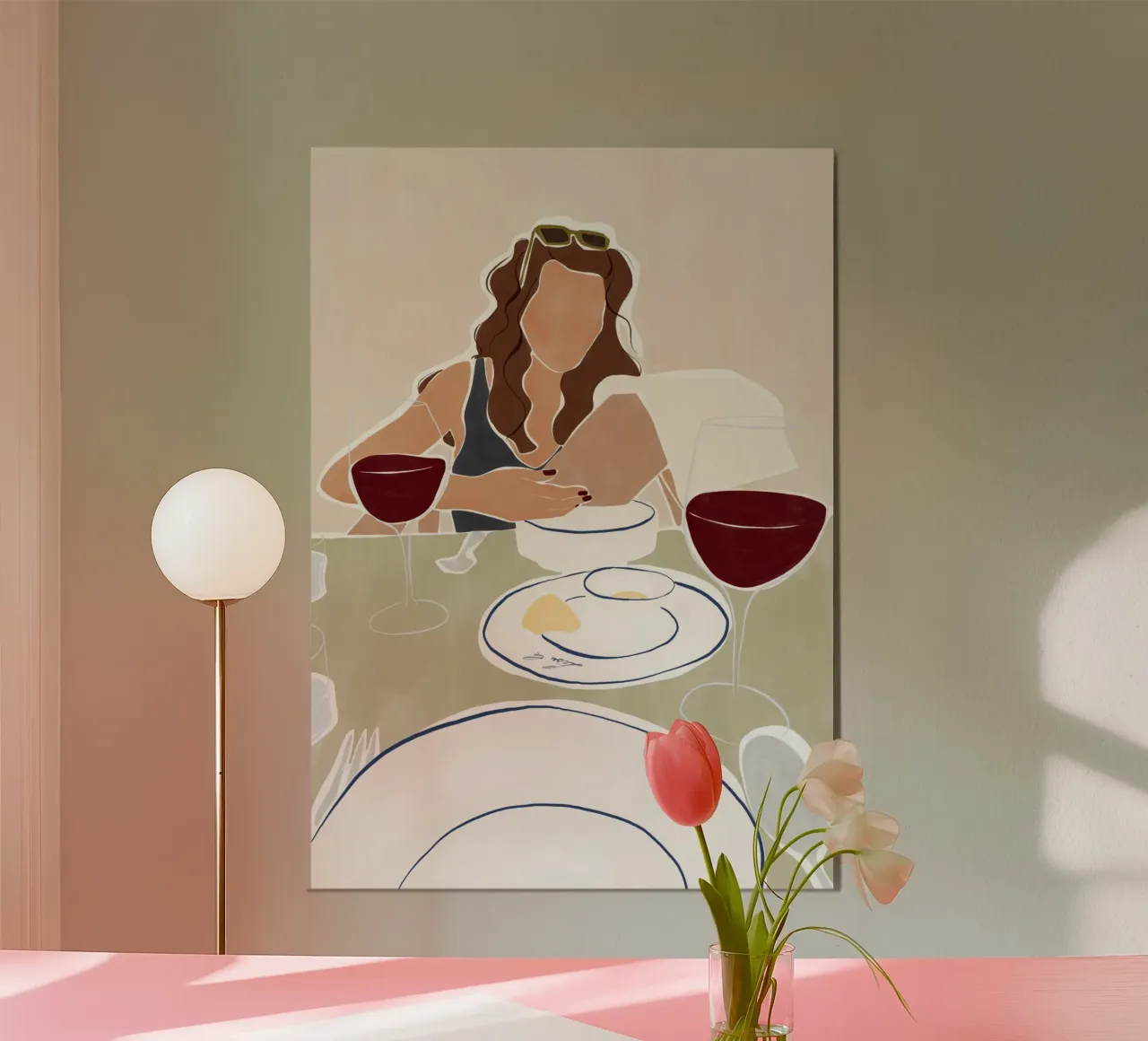Donna che pranza in un ristorante poster con telaio in legno da Ivy Green Illustrations