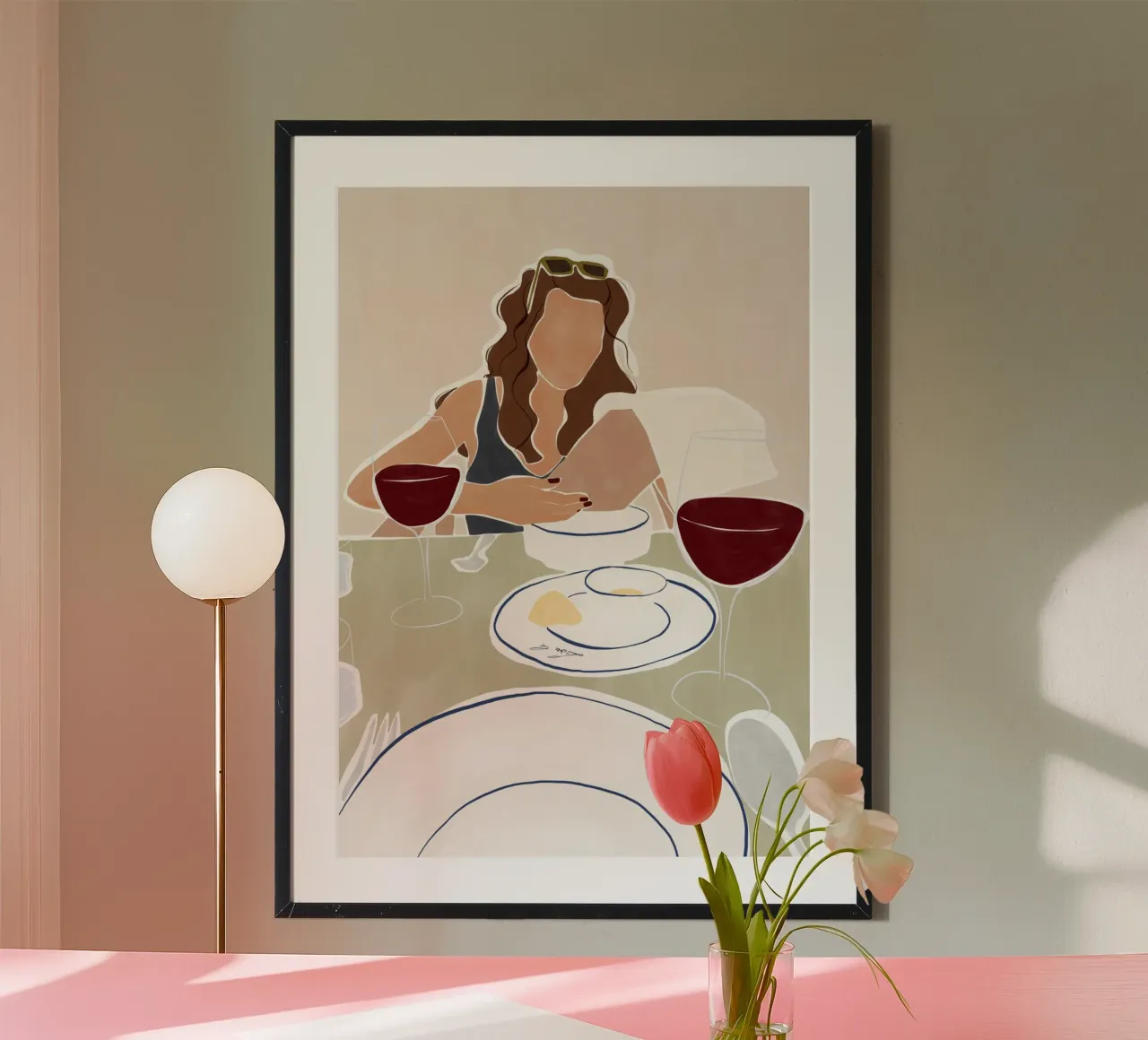 Donna che pranza in un ristorante poster con telaio in legno da Ivy Green Illustrations