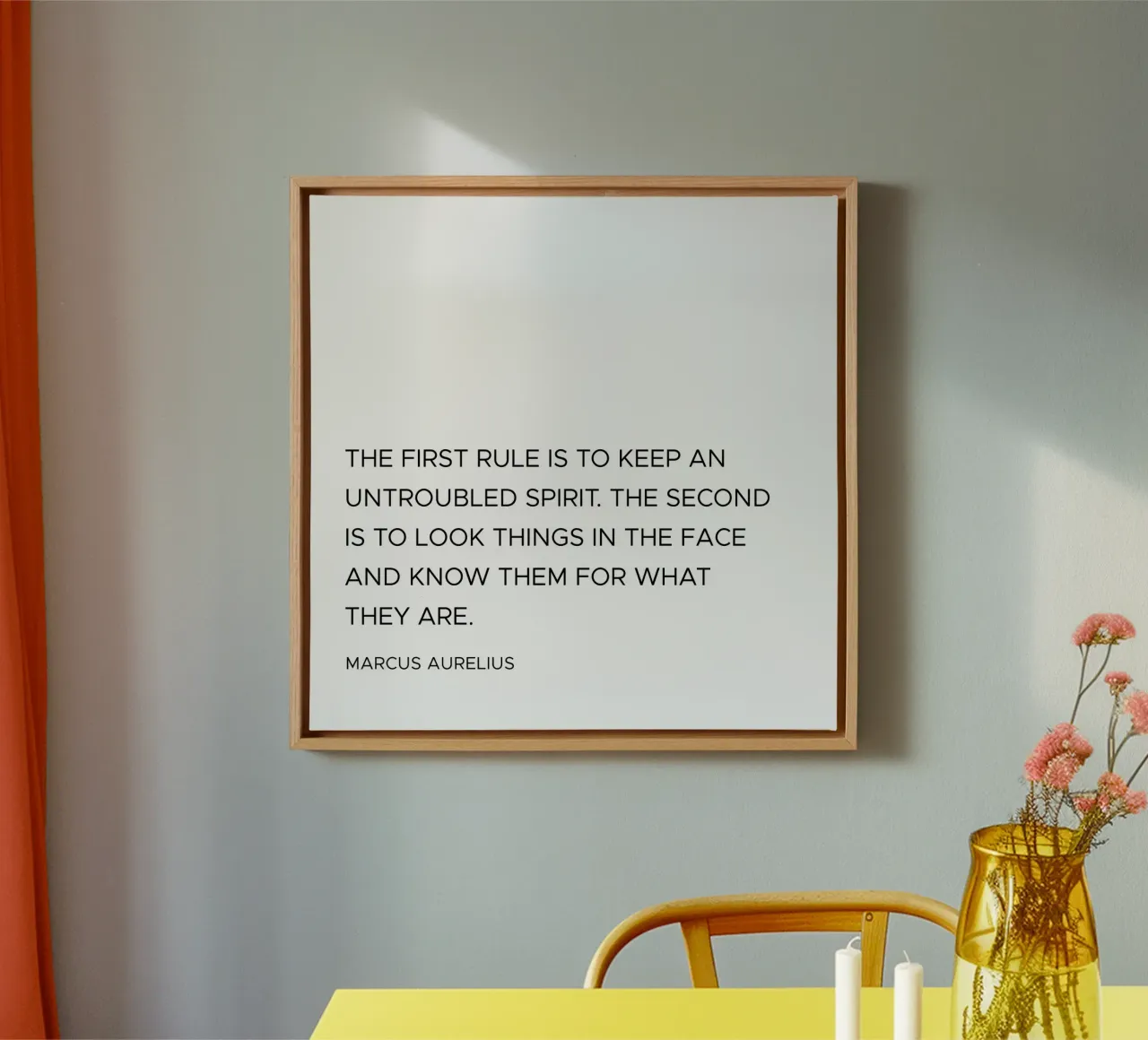 The first rule is to keep an untroubled spirit quote canvas with Floater frame by Paigaam Studio