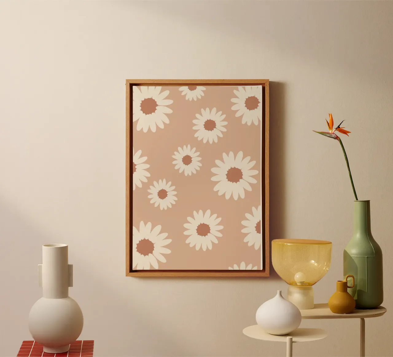 beige bloemenkunst, abstract bloemenontwerp neutraal design, canvas met Baklijst van pdigitalprints