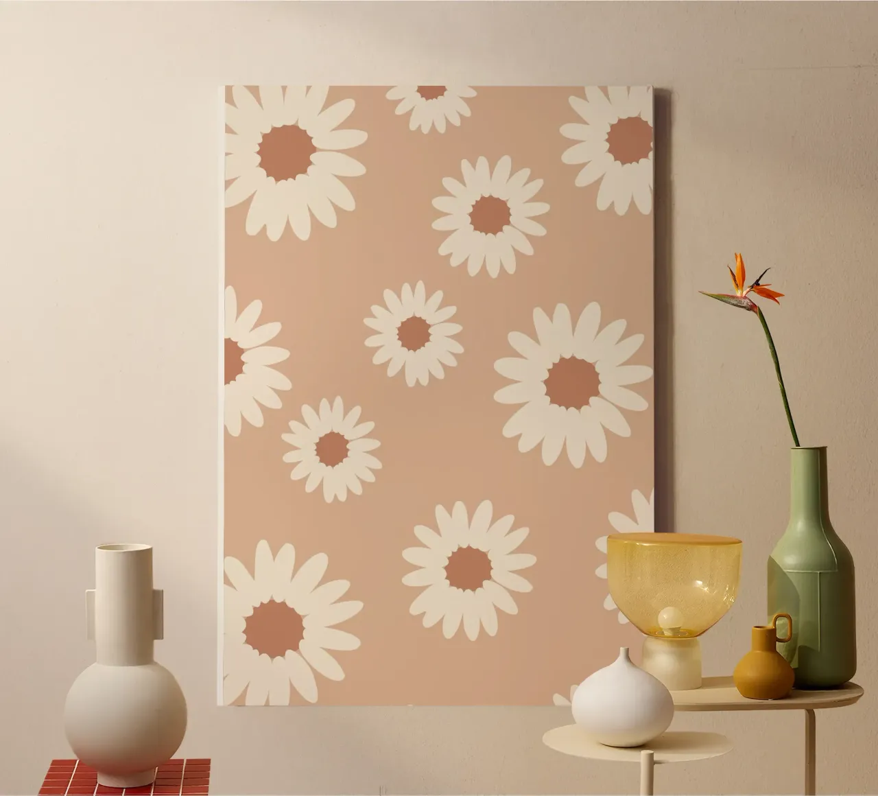 beige bloemenkunst, abstract bloemenontwerp neutraal design, canvas met Baklijst van pdigitalprints