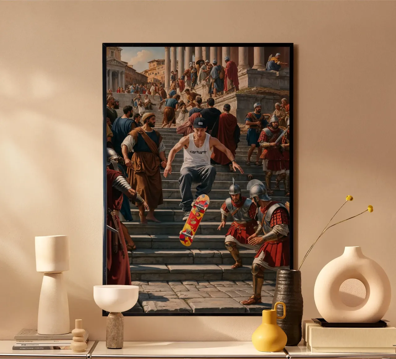 Skater's Rise: Altes Rom trifft auf moderne Rebellion Poster mit Holzrahmen von Renaissance Rebel