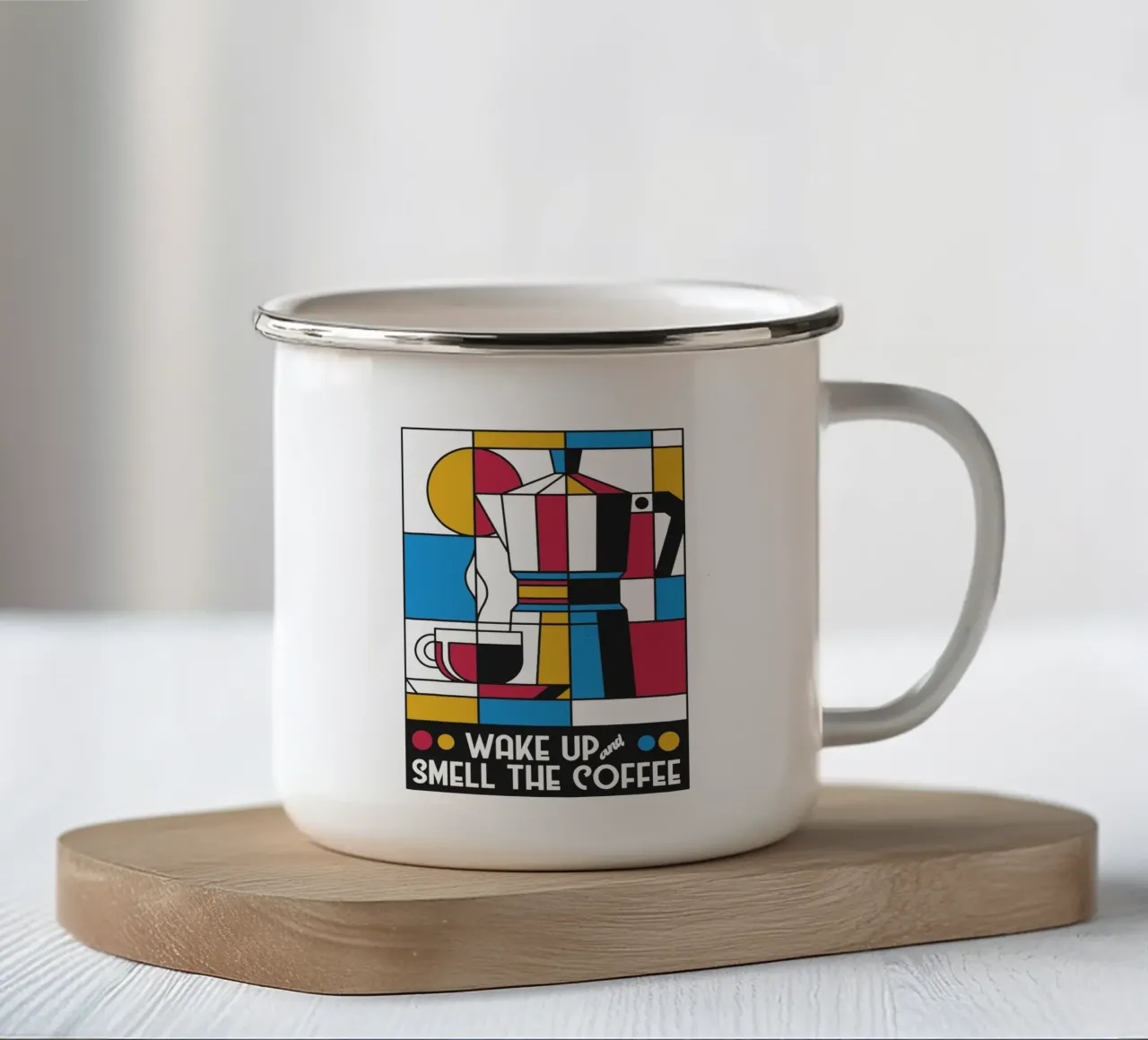 Wake Up And Smell The Coffee Mondrian tazza in smalto da Tobe Fonseca