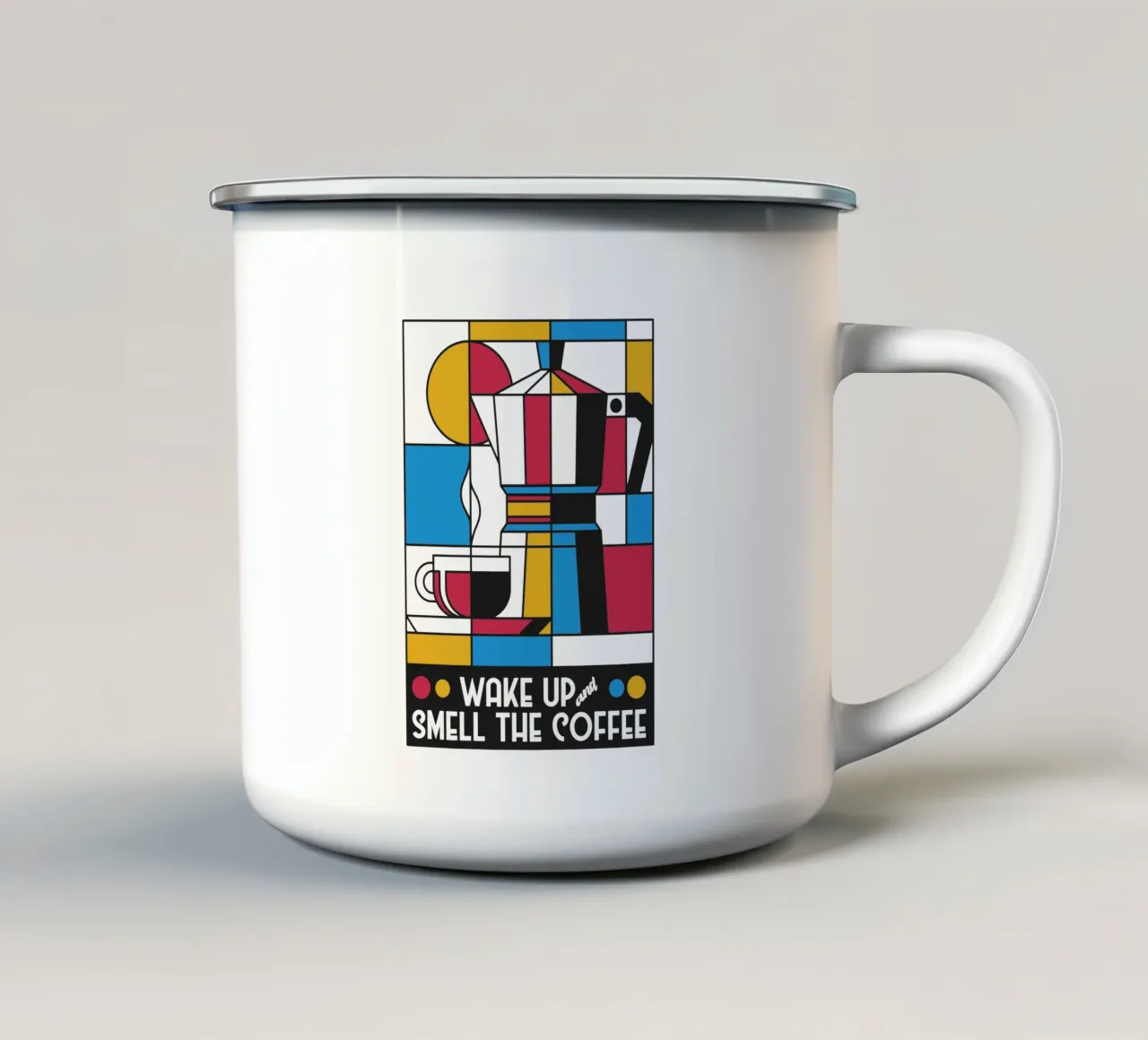Wake Up And Smell The Coffee Mondrian tazza in smalto da Tobe Fonseca