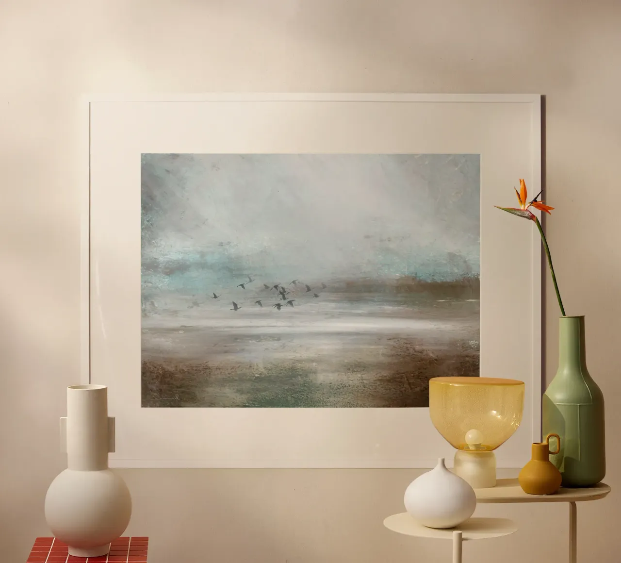 Marsh Birds poster with wooden frame by Dan Hobday