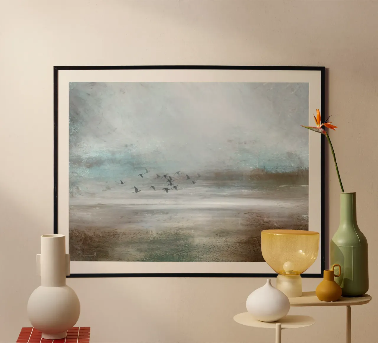 Marsh Birds poster with wooden frame by Dan Hobday