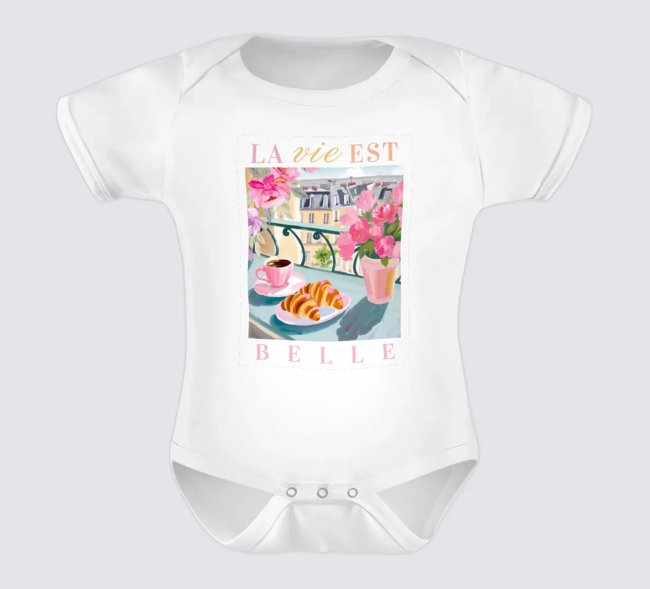 Paris Breakfast Print, Espresso and Croissants body neonato maniche corte da Bella Studio