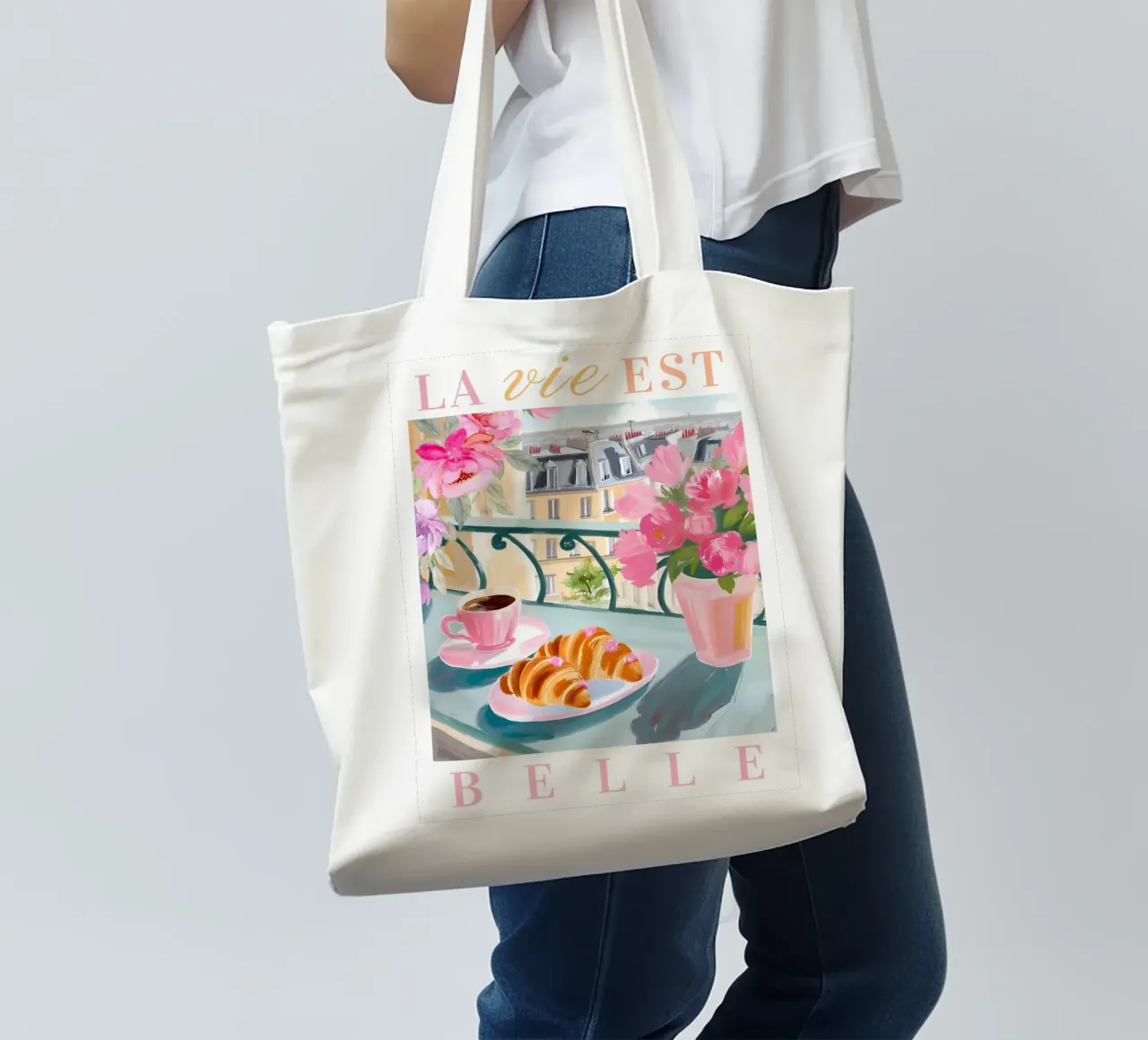 Paris Breakfast Print, Espresso and Croissants borsa in juta da Bella Studio