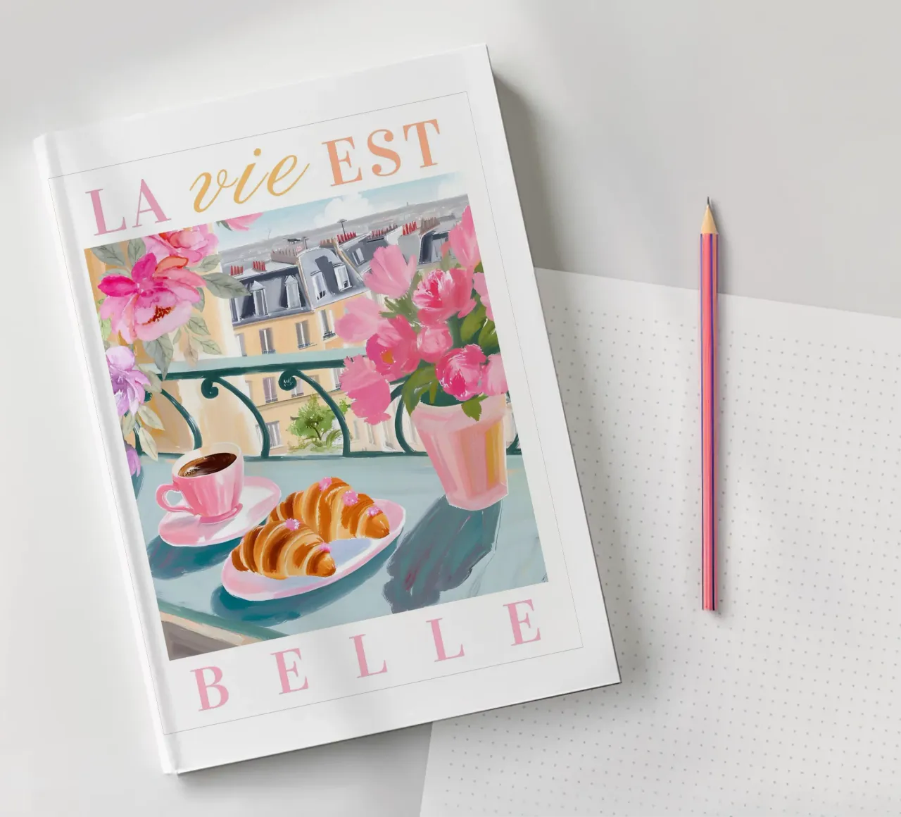 Paris Breakfast Print, Espresso and Croissants notebook by Bella Studio