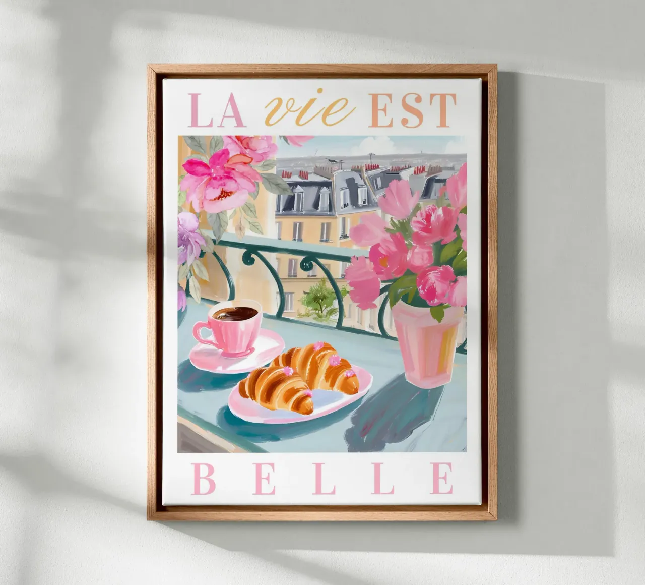 Paris Breakfast Print, Espresso and Croissants tela con Cornice a cassetta da Bella Studio