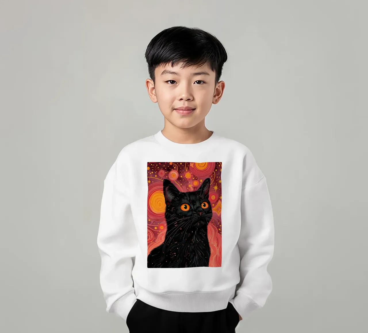 Black cat and pink cosmos kids sweatshirt by Justyna Jaszke JBJart