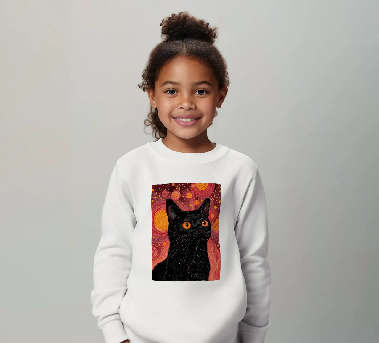 Black cat and pink cosmos kids sweatshirt by Justyna Jaszke JBJart