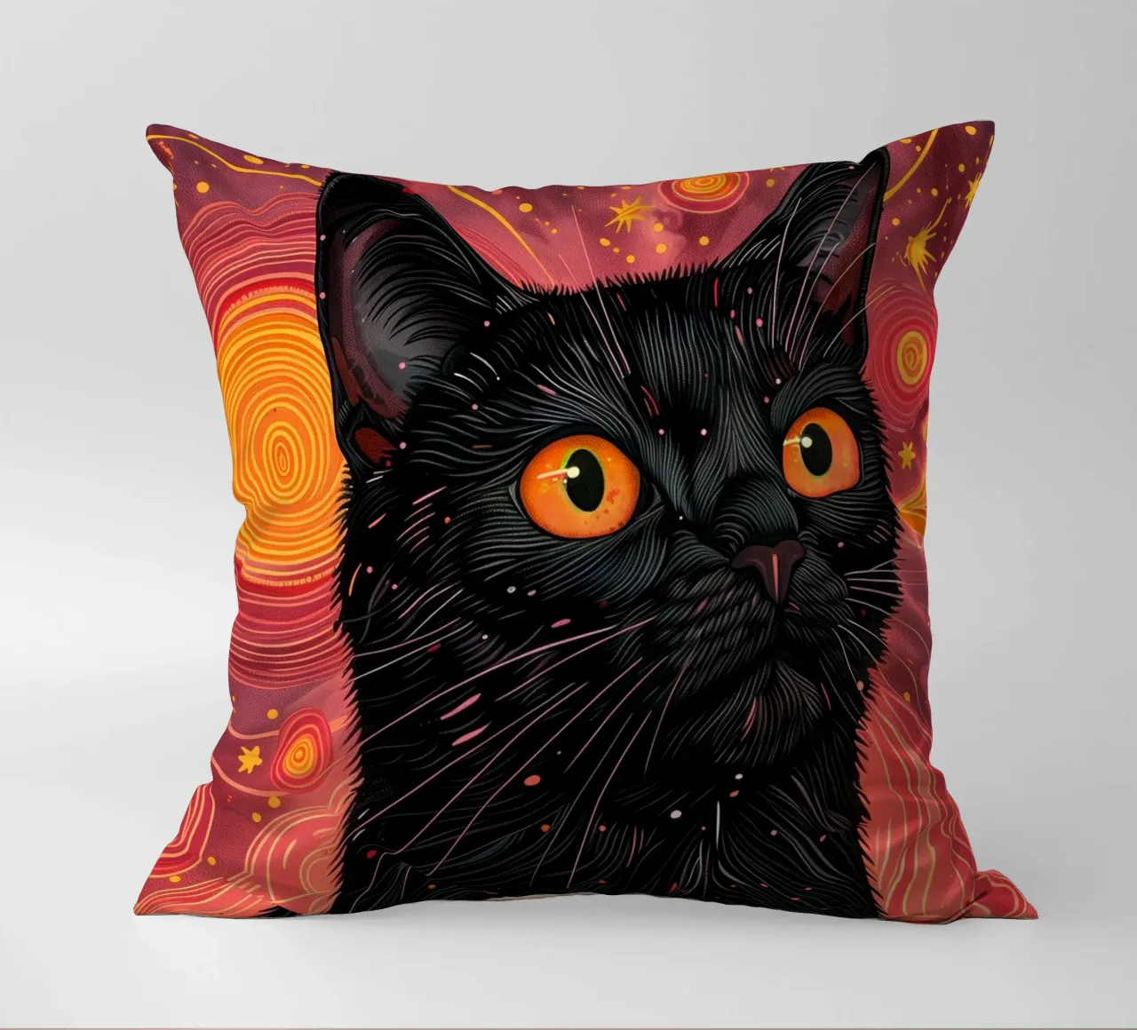 Black cat and pink cosmos decorative cushion by Justyna Jaszke JBJart