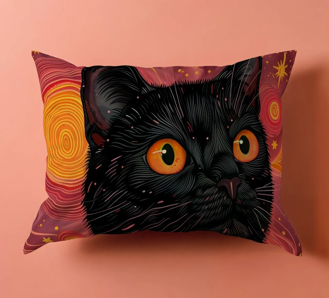 Black cat and pink cosmos decorative cushion by Justyna Jaszke JBJart