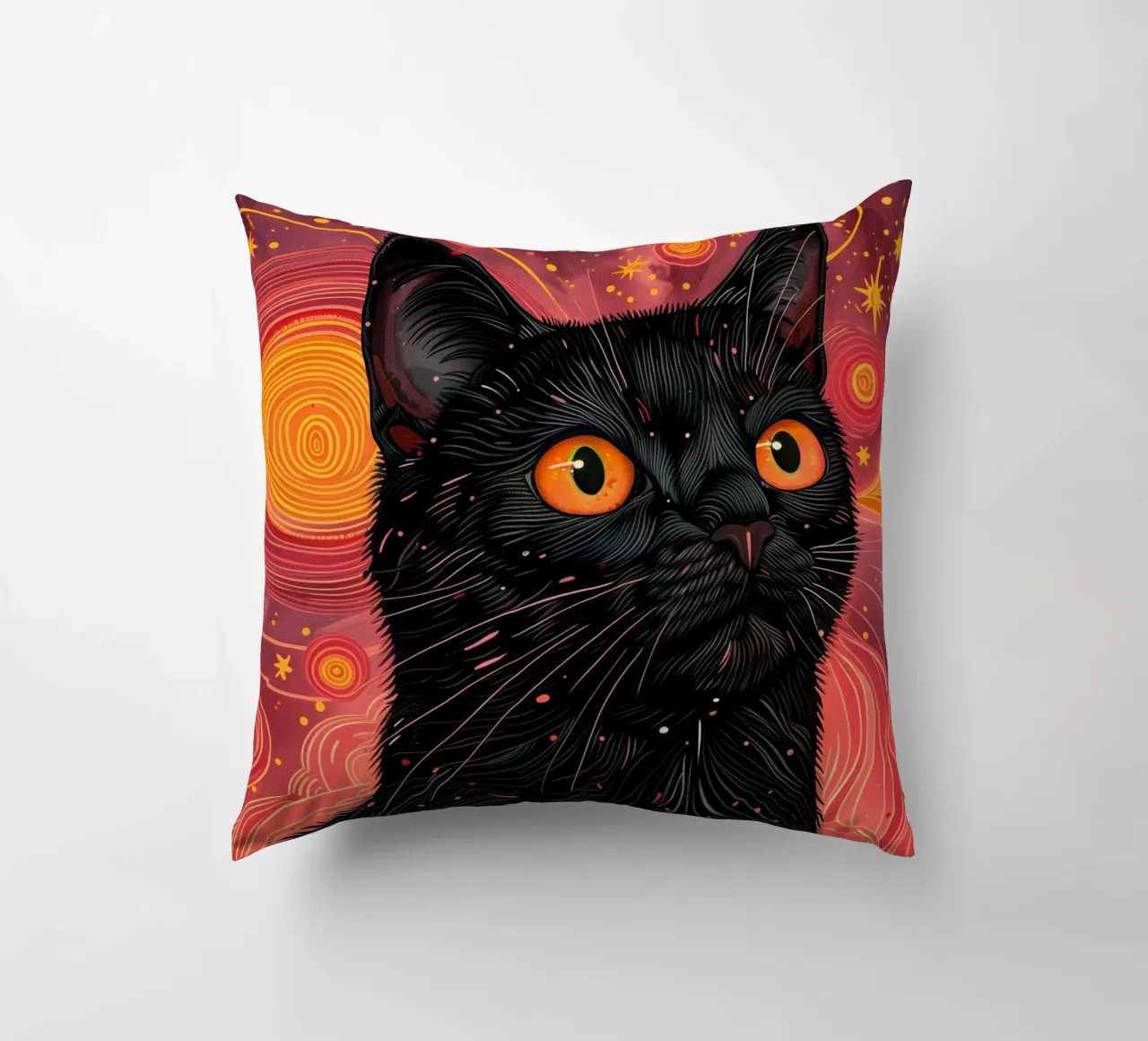 Black cat and pink cosmos decorative cushion by Justyna Jaszke JBJart