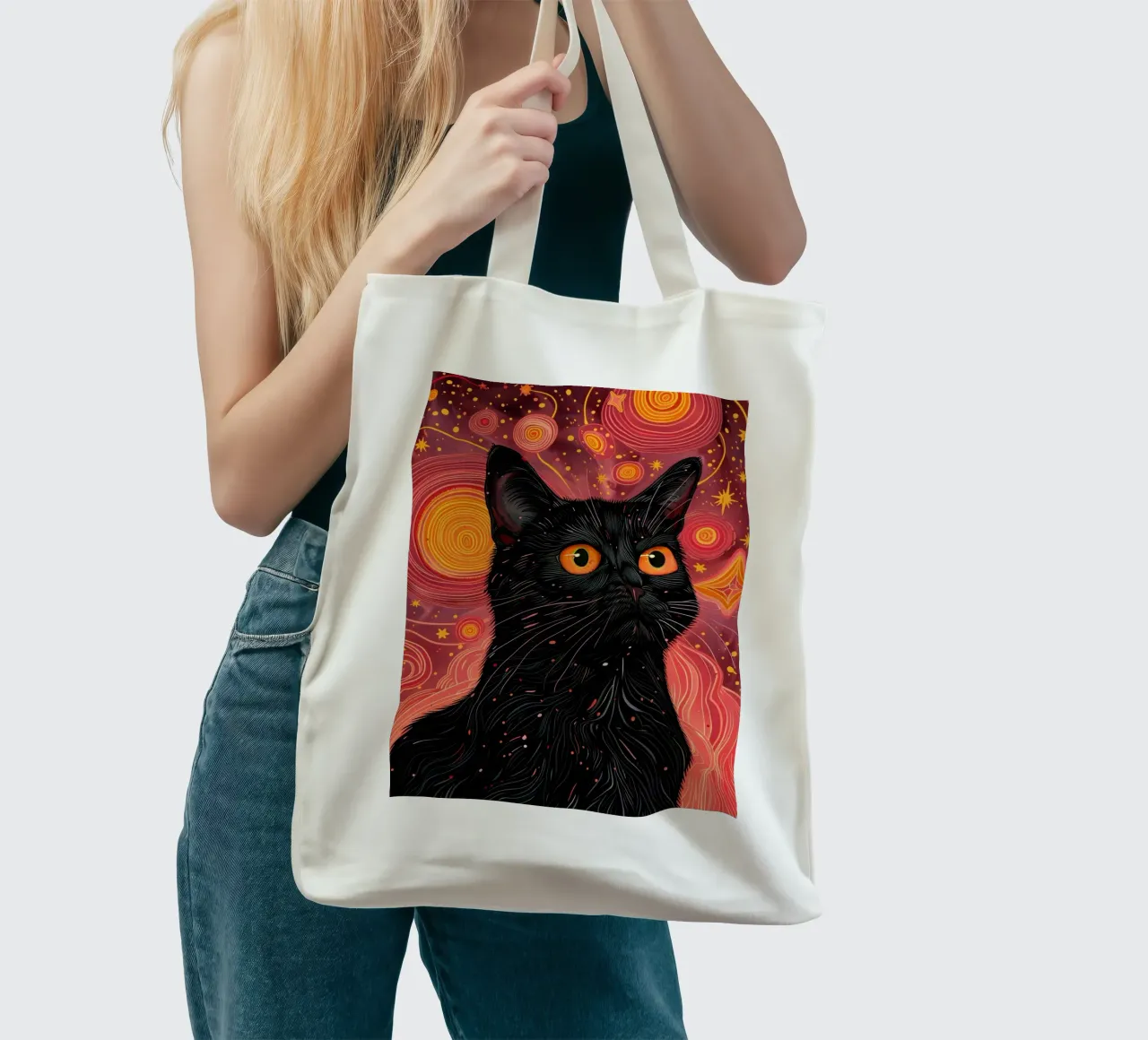 Black cat and pink cosmos tote bag by Justyna Jaszke JBJart