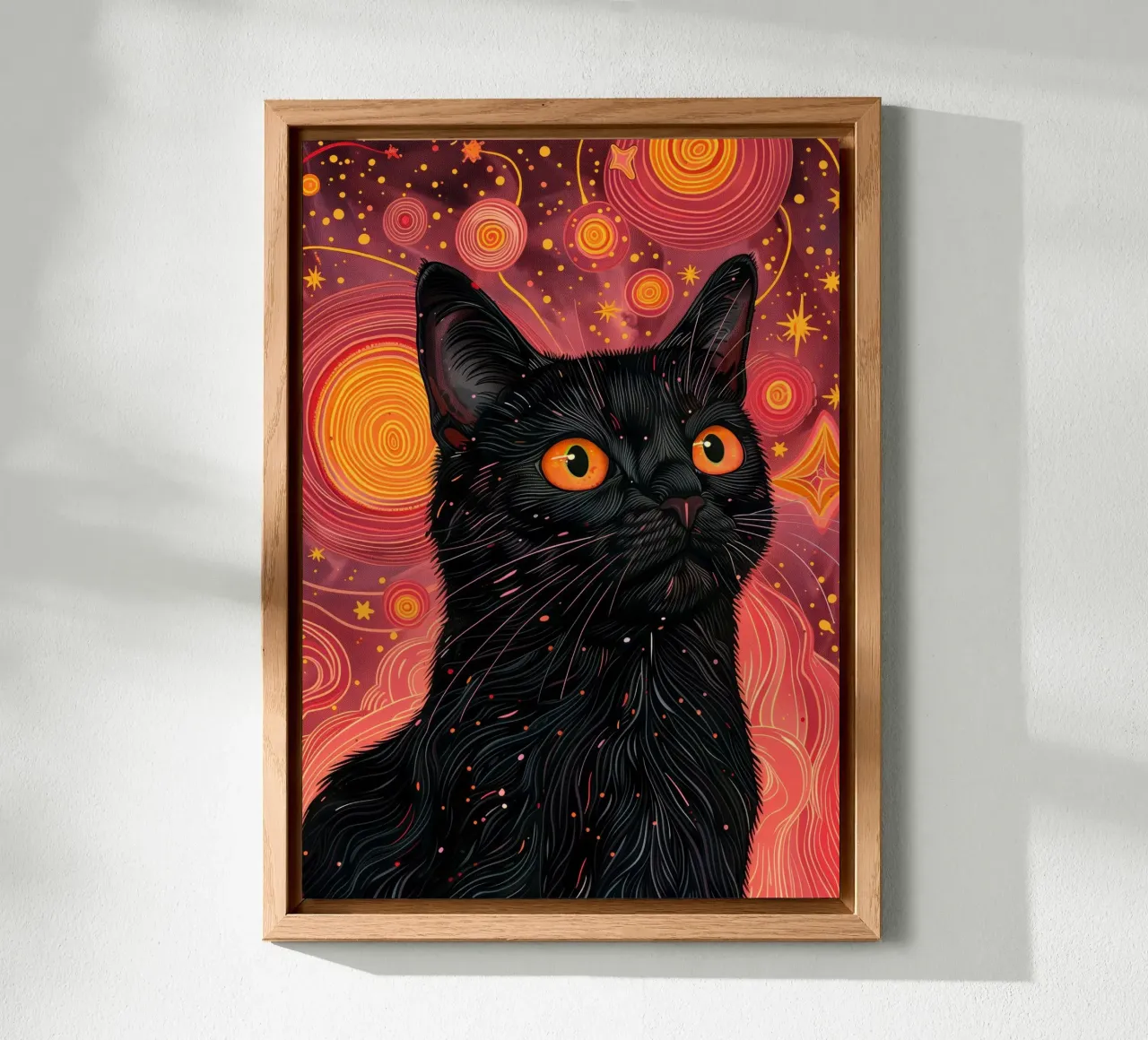Black cat and pink cosmos alu-dibond by Justyna Jaszke JBJart