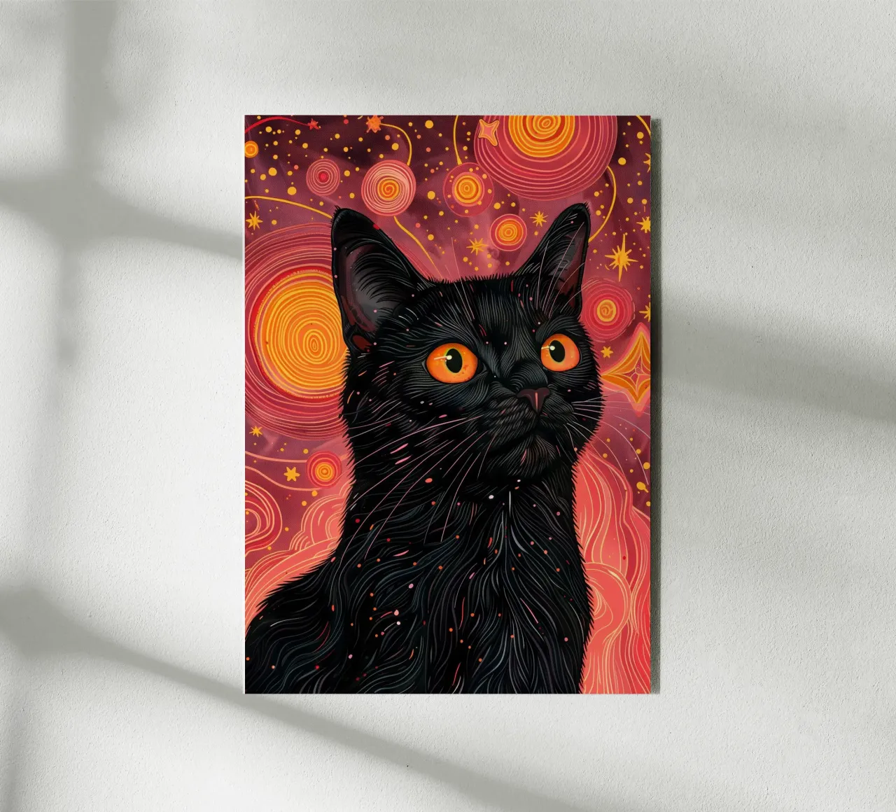 Black cat and pink cosmos alu-dibond by Justyna Jaszke JBJart