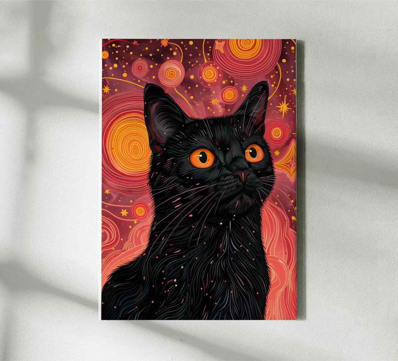 Black cat and pink cosmos canvas by Justyna Jaszke JBJart