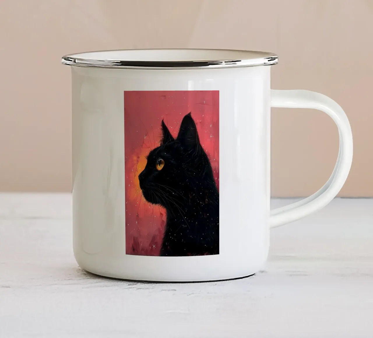 Gatto nero e cosmo rosa tazza in smalto da Justyna Jaszke JBJart