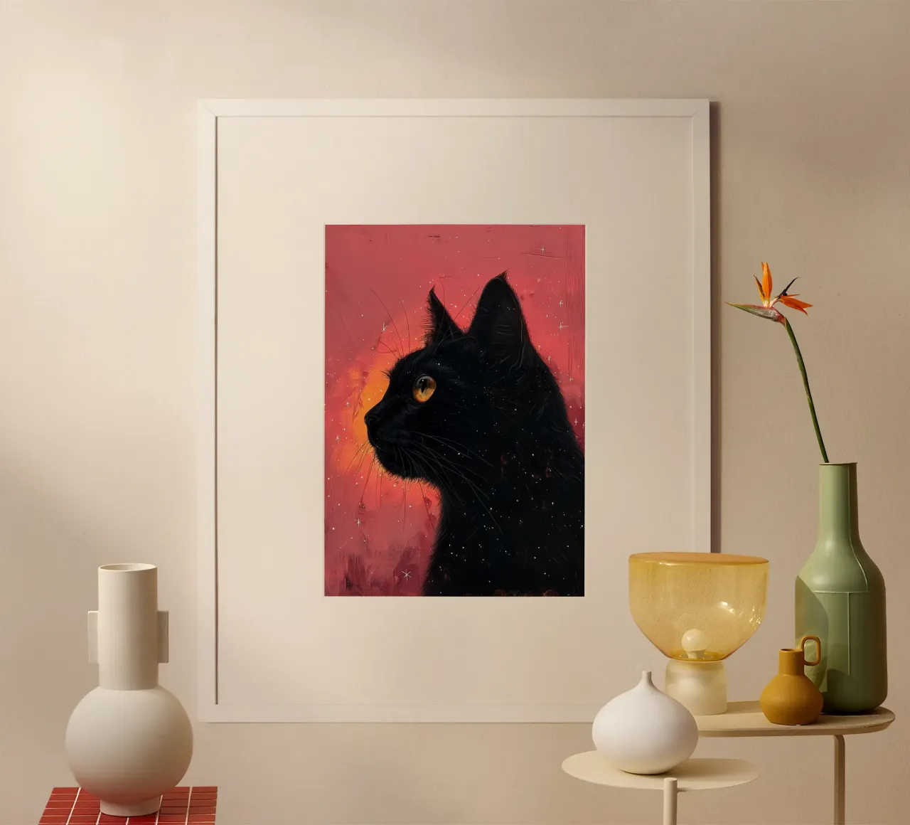 Gatto nero e cosmo rosa poster con telaio in alluminio da Justyna Jaszke JBJart