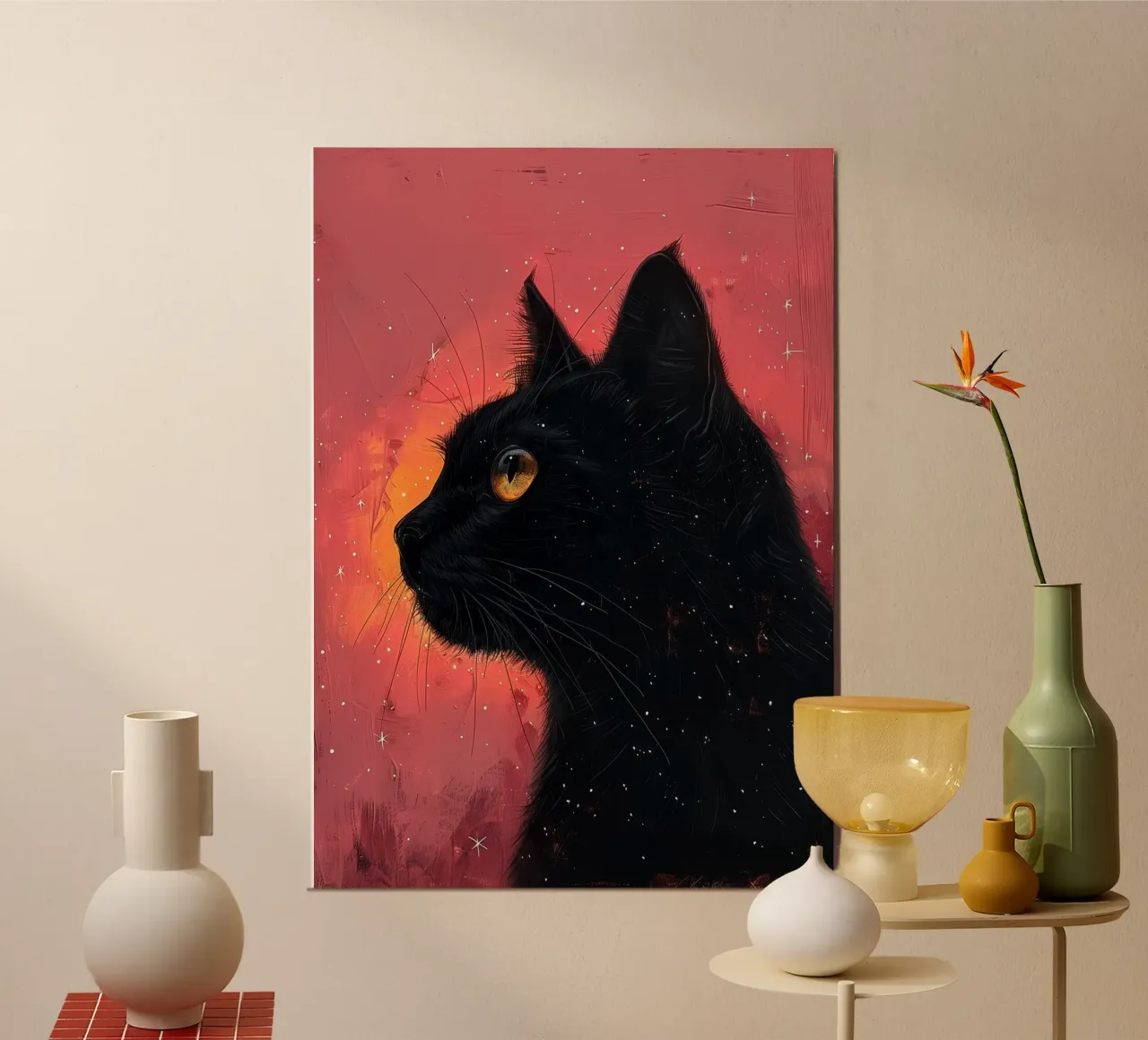 Gatto nero e cosmo rosa poster con telaio in alluminio da Justyna Jaszke JBJart